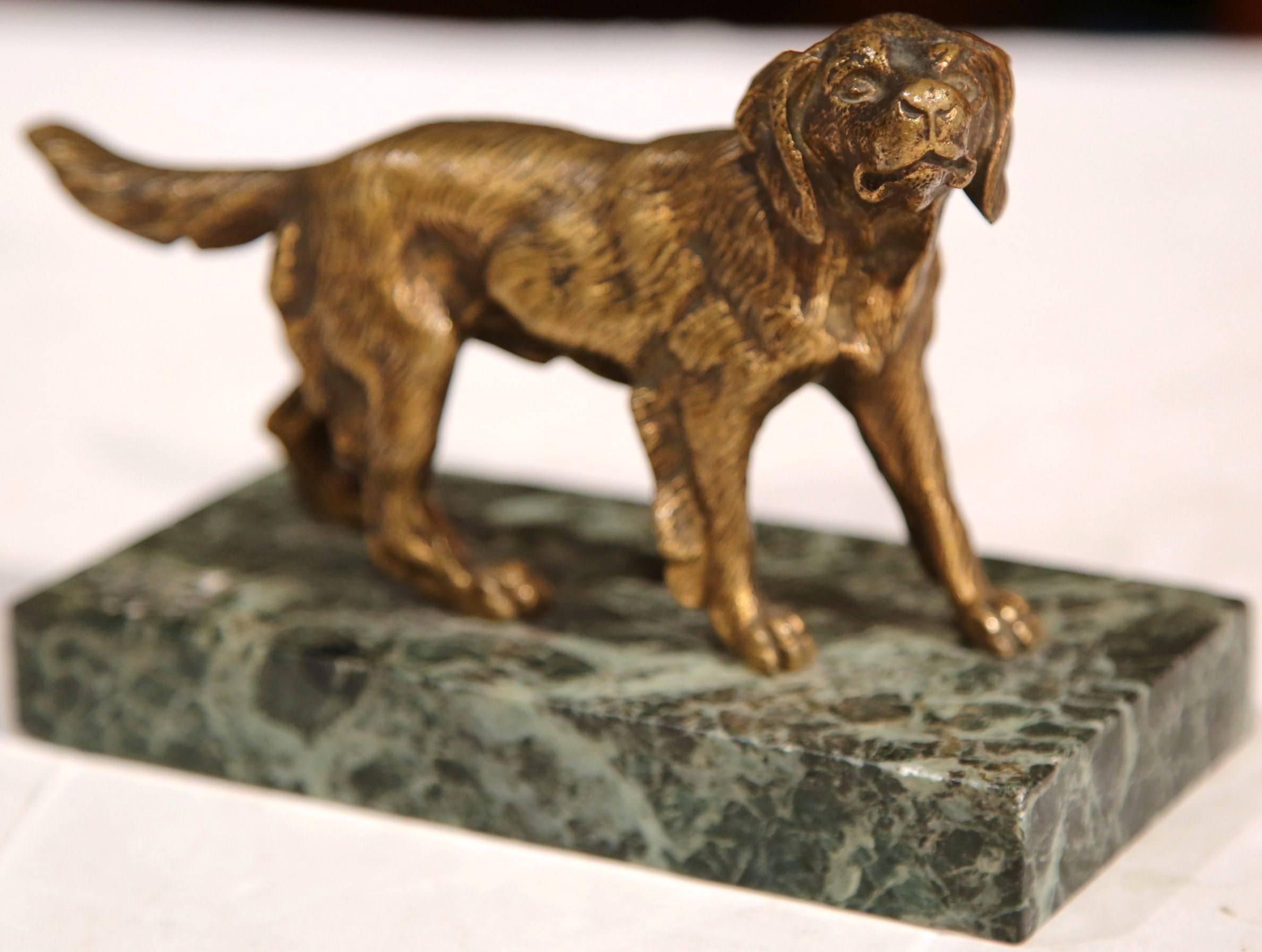 Hand-Crafted Early 20th Century French Bronze Setter Sculpture on Marble Base Signed Fradin