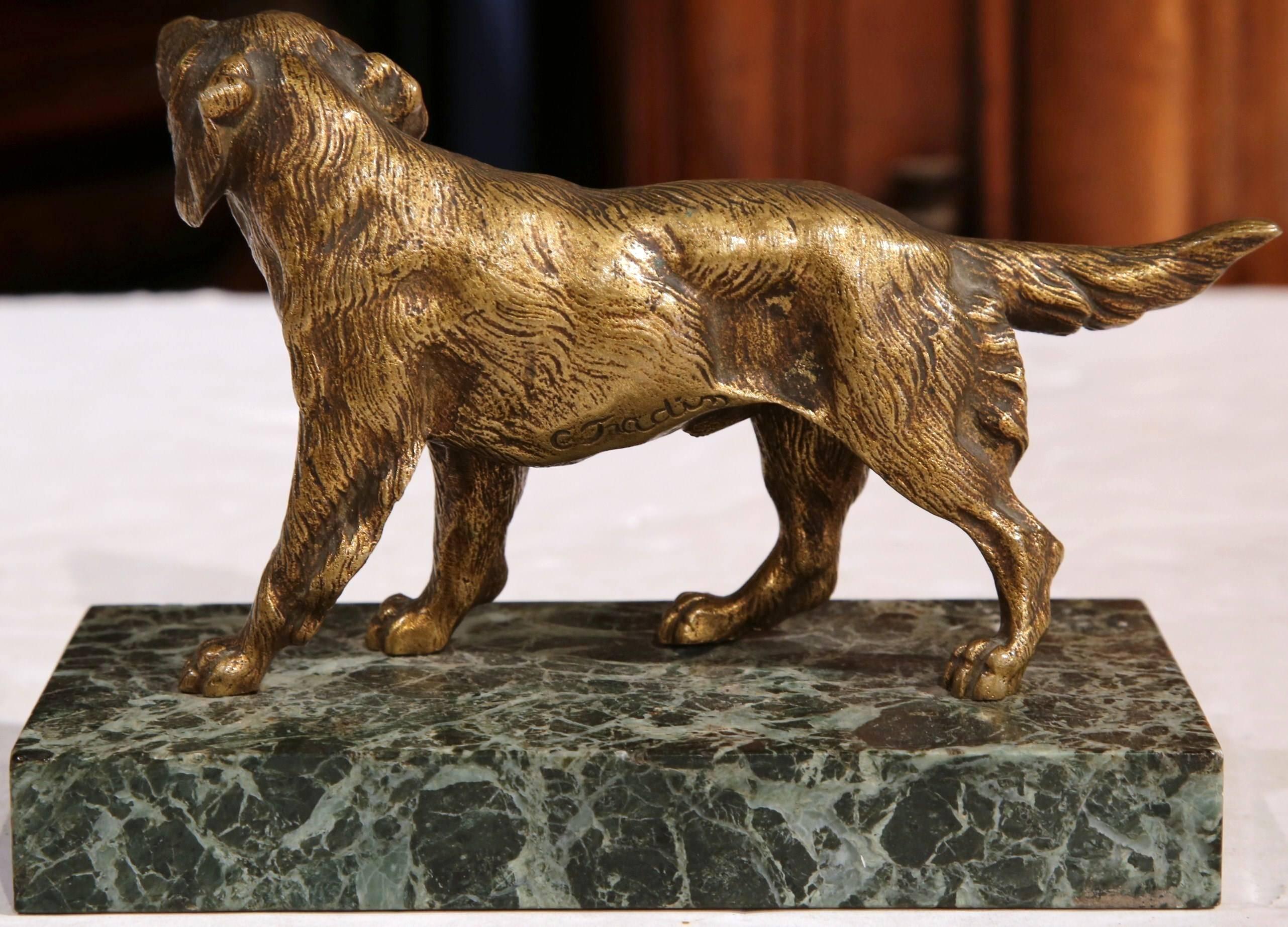 Early 20th Century French Bronze Setter Sculpture on Marble Base Signed Fradin In Excellent Condition In Dallas, TX