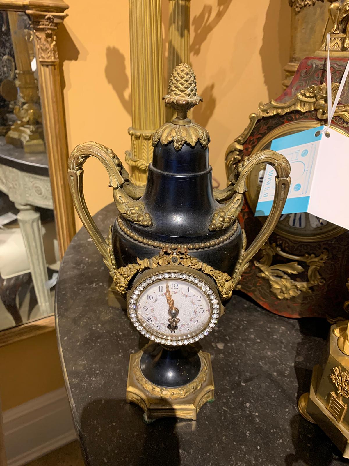 Early 20th Century French Bronze and Tole Diamonte Urn Form Clock, Signed JP For Sale 14