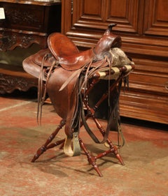 Early 20th Century French Brown Leather Horse Saddle and Stand from Camargue