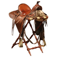 Used Early 20th Century French Brown Leather Horse Saddle and Stand from Camargue