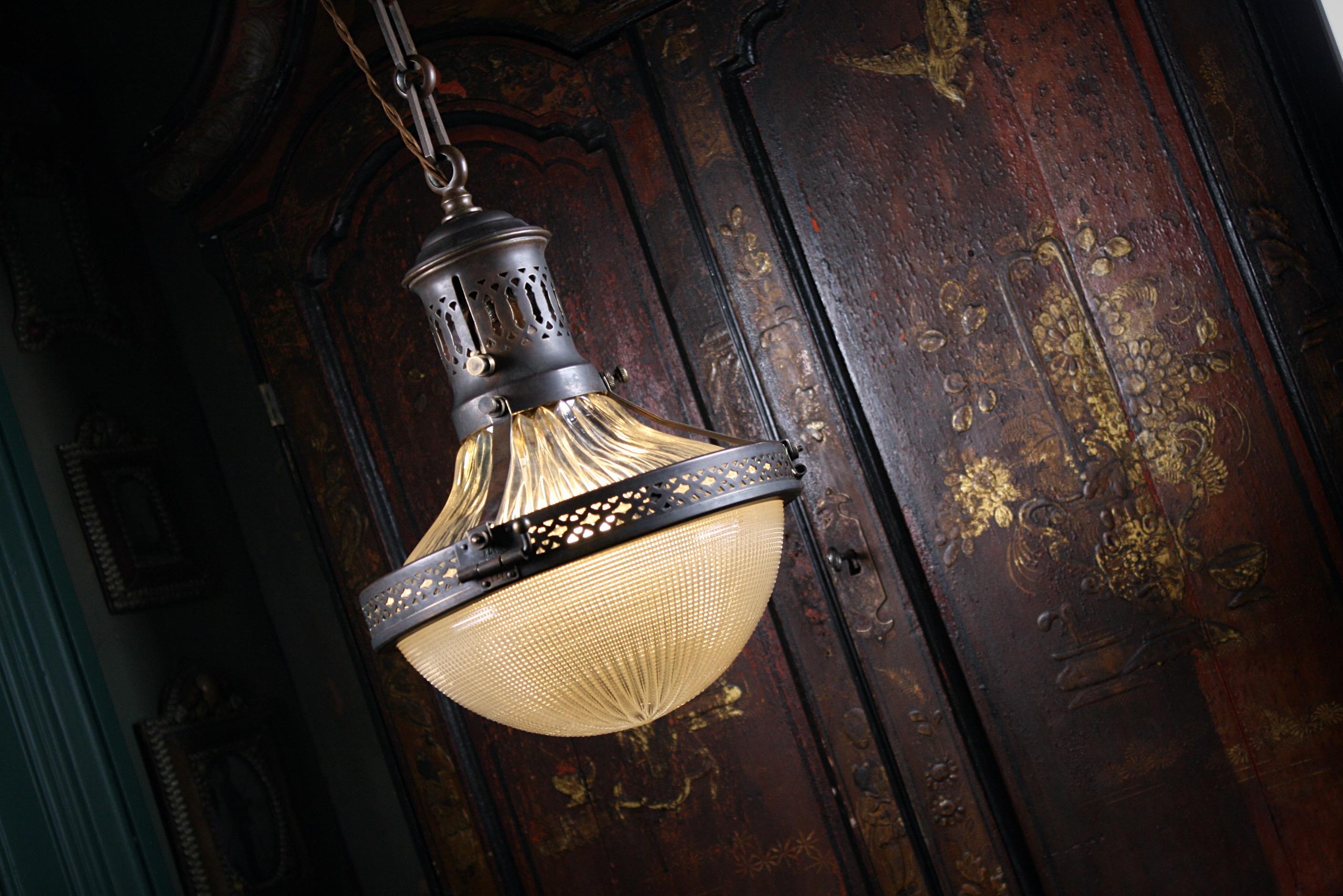Early 20th Century French Caged Brass & Prismatic Glass Holophane Pendant Light 8