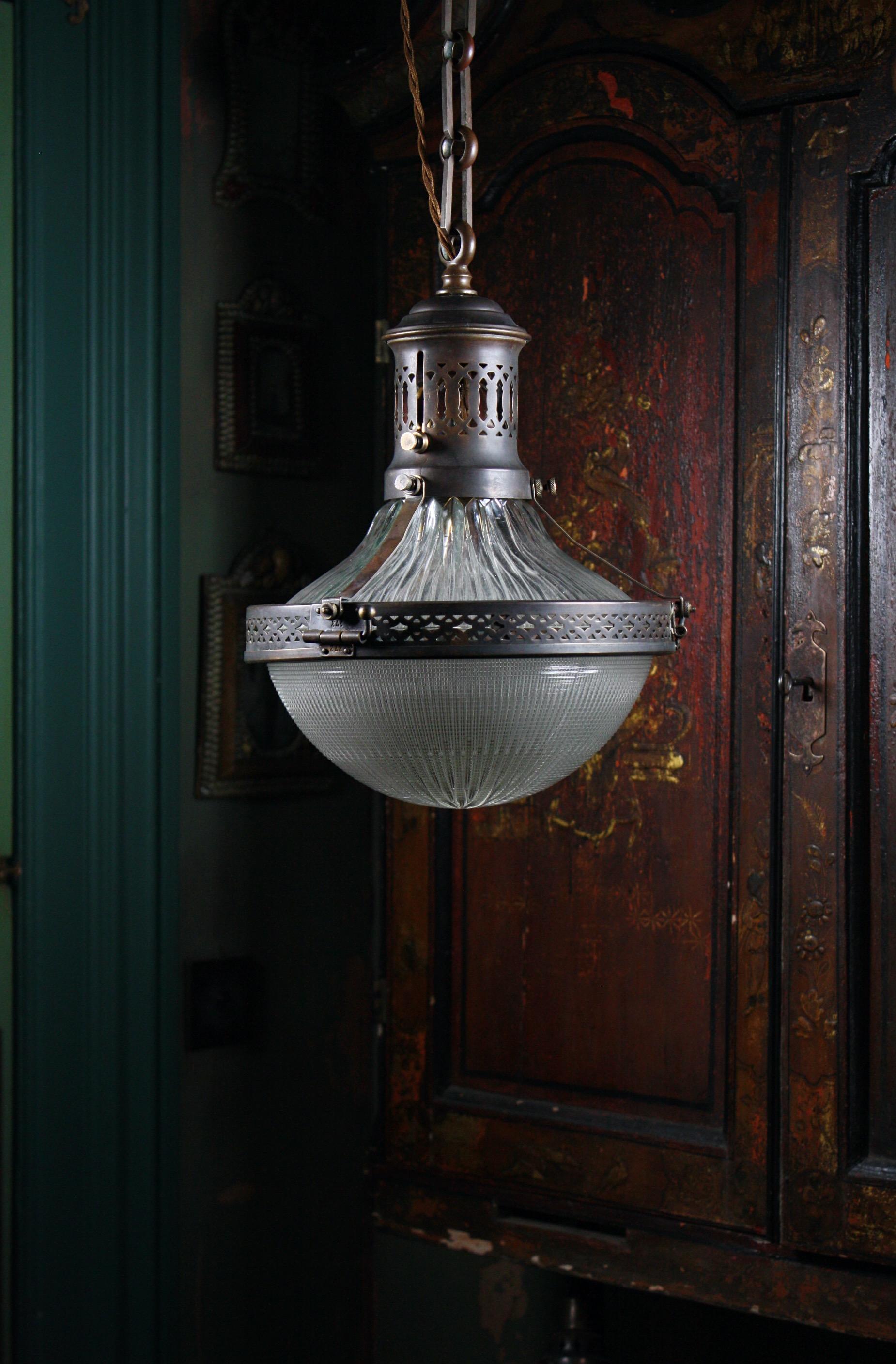 Early 20th Century French Caged Brass & Prismatic Glass Holophane Pendant Light 10