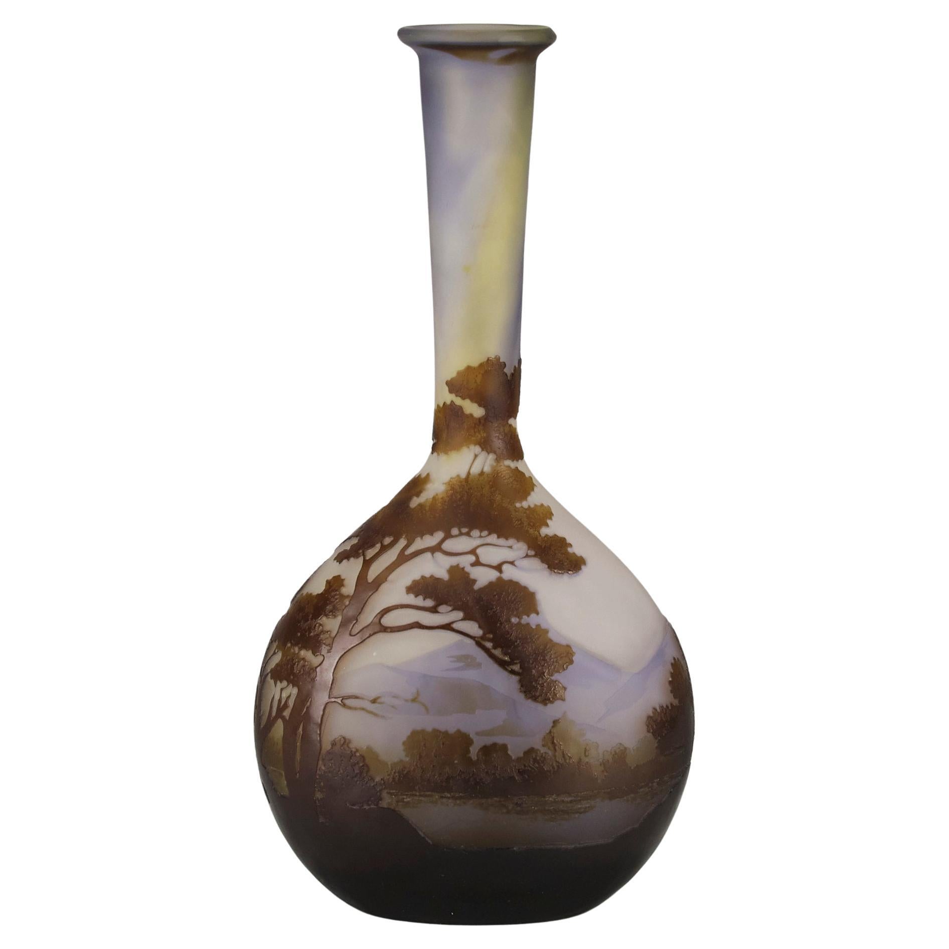 Early 20th Century French Cameo Glass "Banjo Mountain Vase" by Emile Gallé For Sale