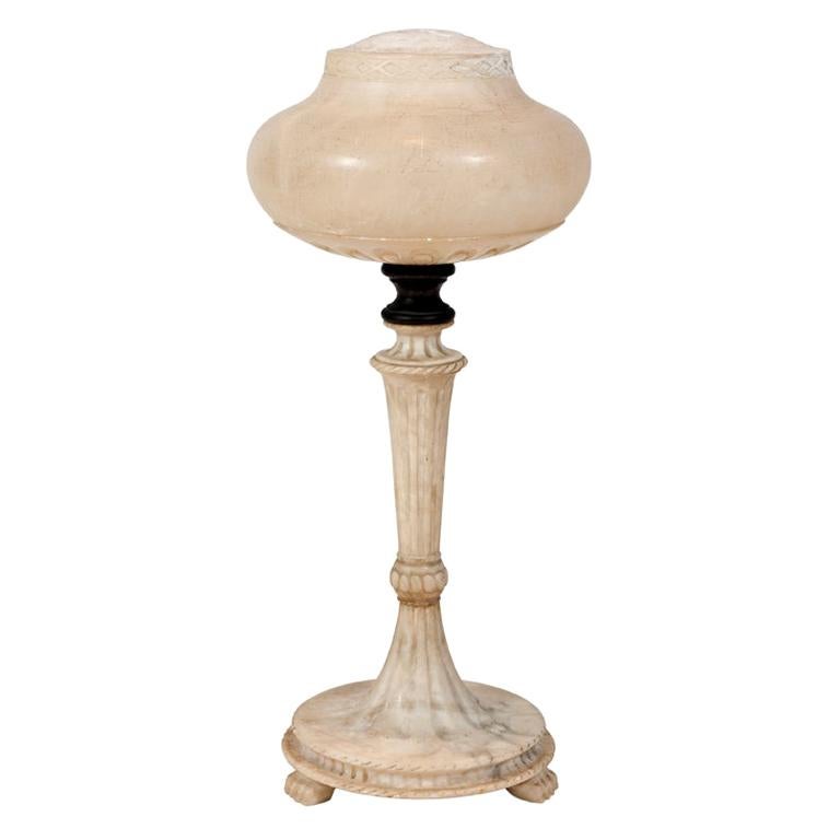 Early 20th Century French Carved Alabaster Table Lamp and Shade