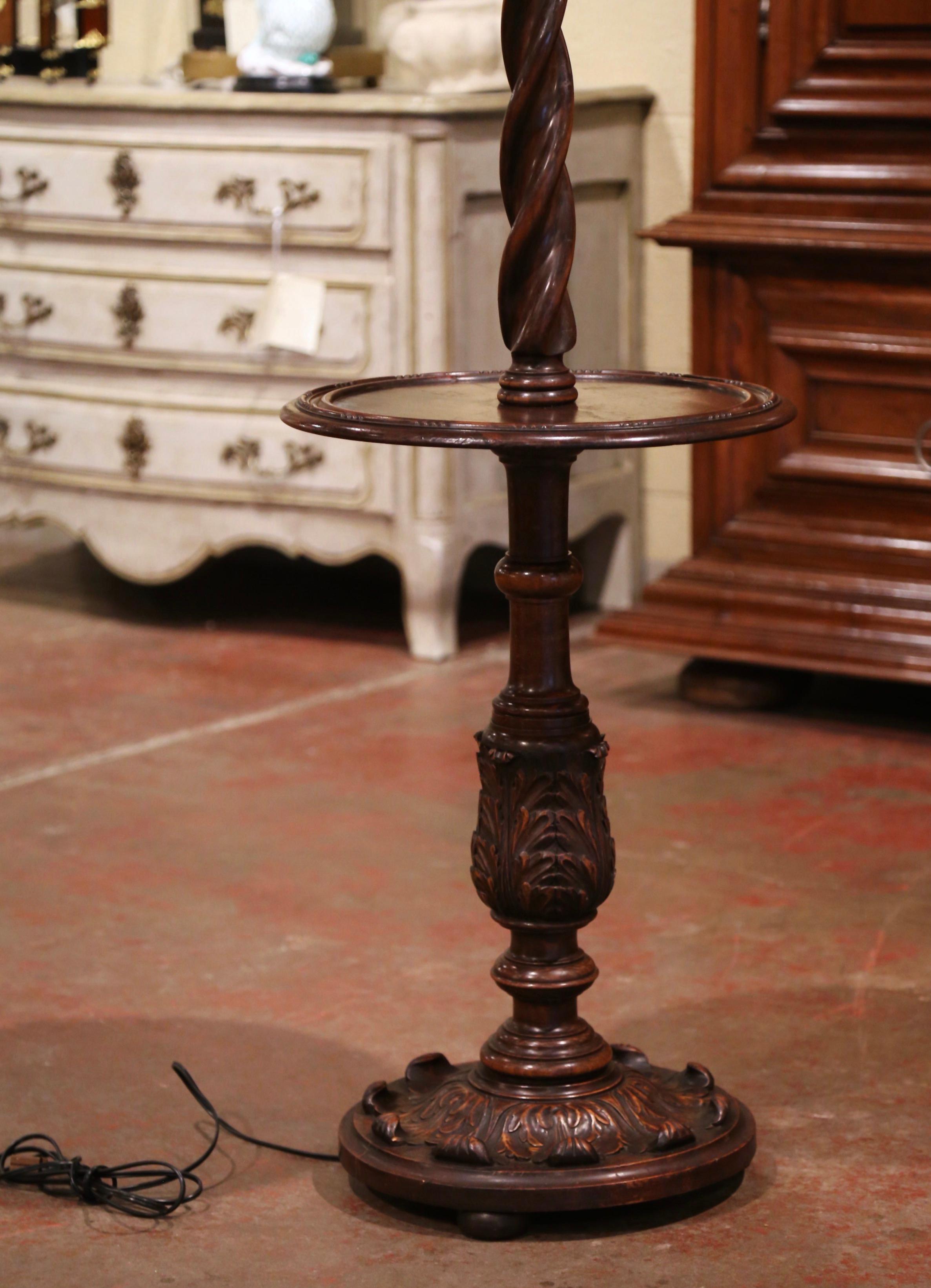 Louis XIII Early 20th Century French Carved and Barley Twist Floor Lamp with Attached Table