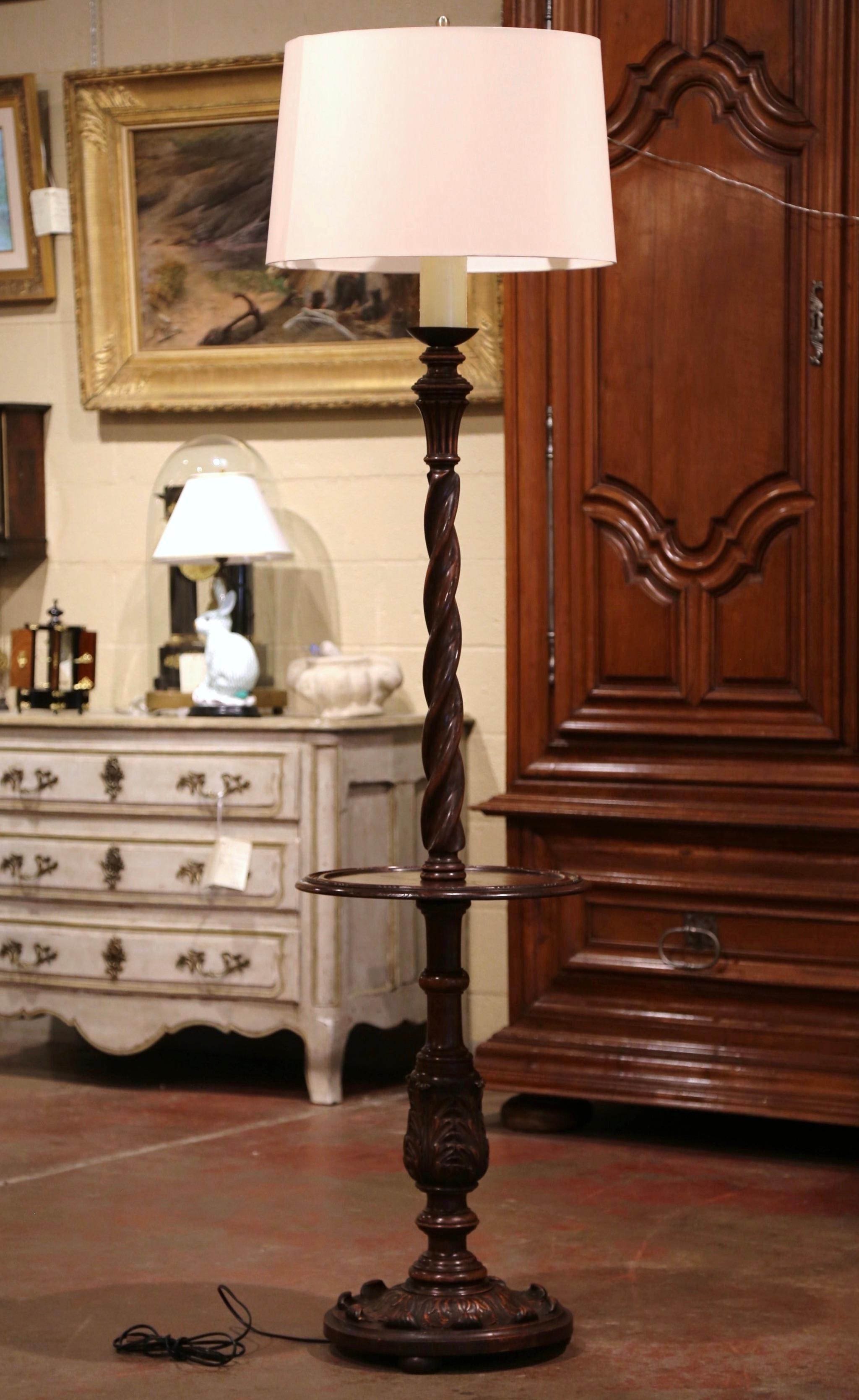 Patinated Early 20th Century French Carved and Barley Twist Floor Lamp with Attached Table