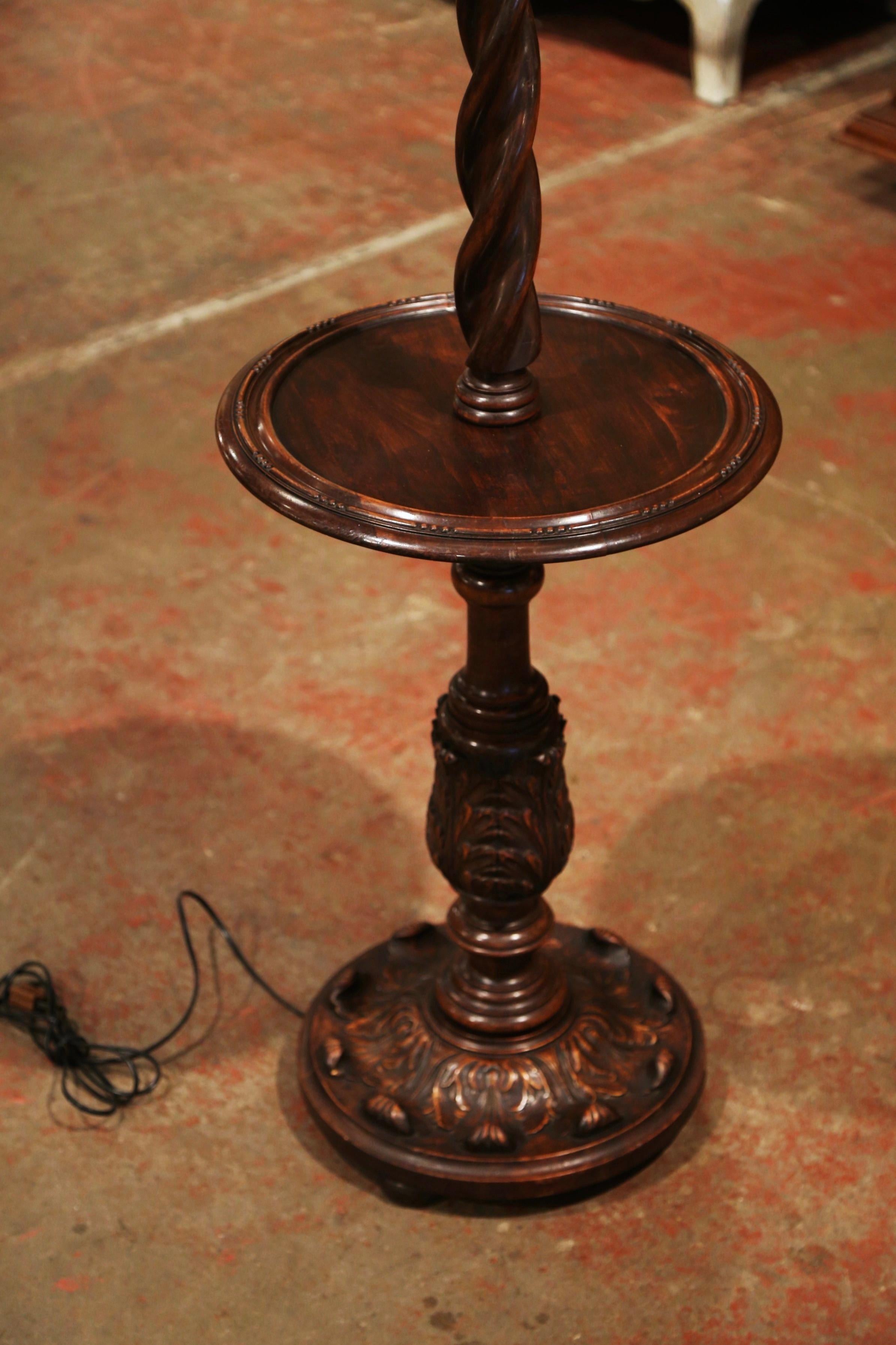 Early 20th Century French Carved and Barley Twist Floor Lamp with Attached Table In Excellent Condition In Dallas, TX
