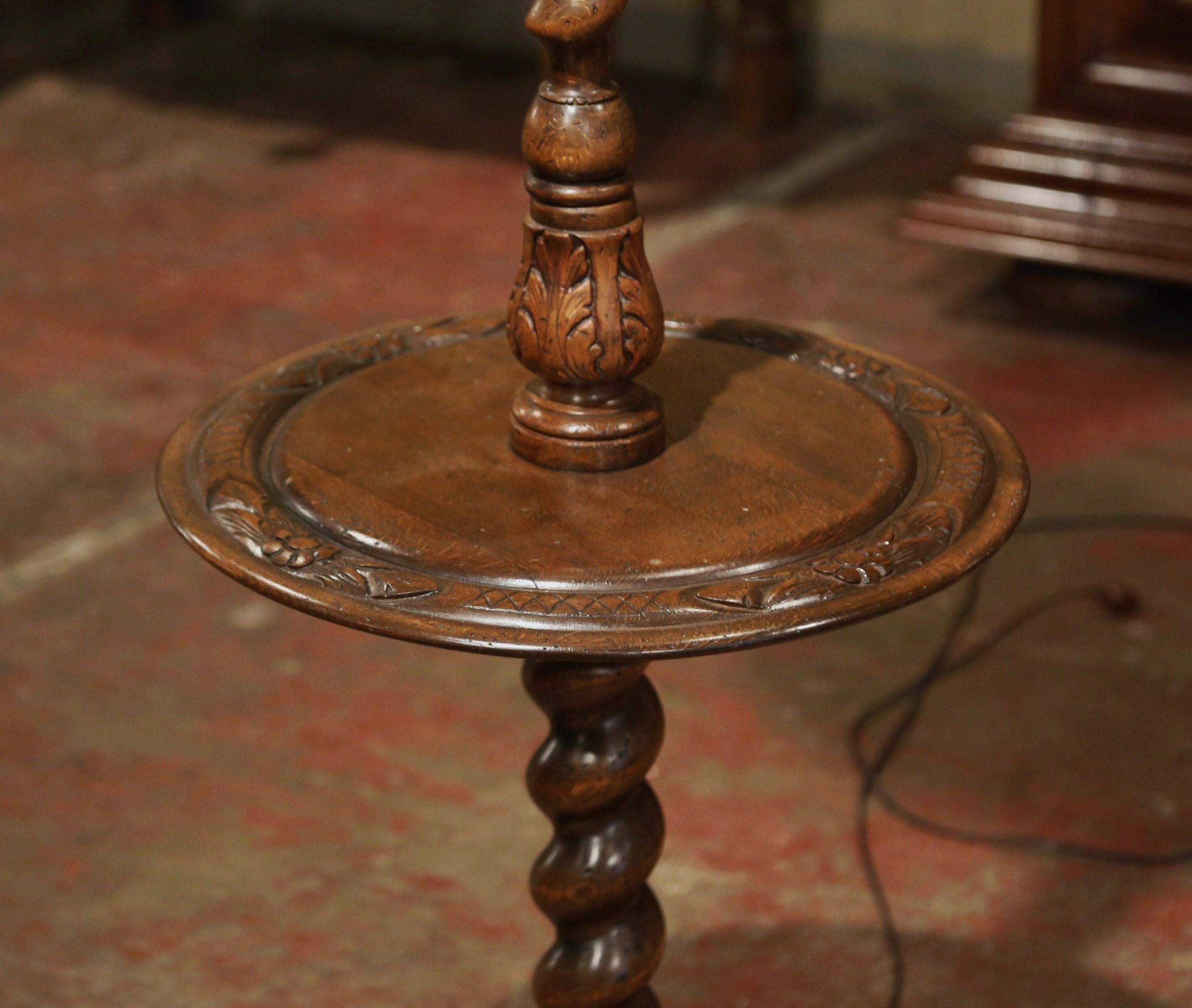 Louis XIII Early 20th Century French Carved and Barley Twist Floor Lamp with Attached Table