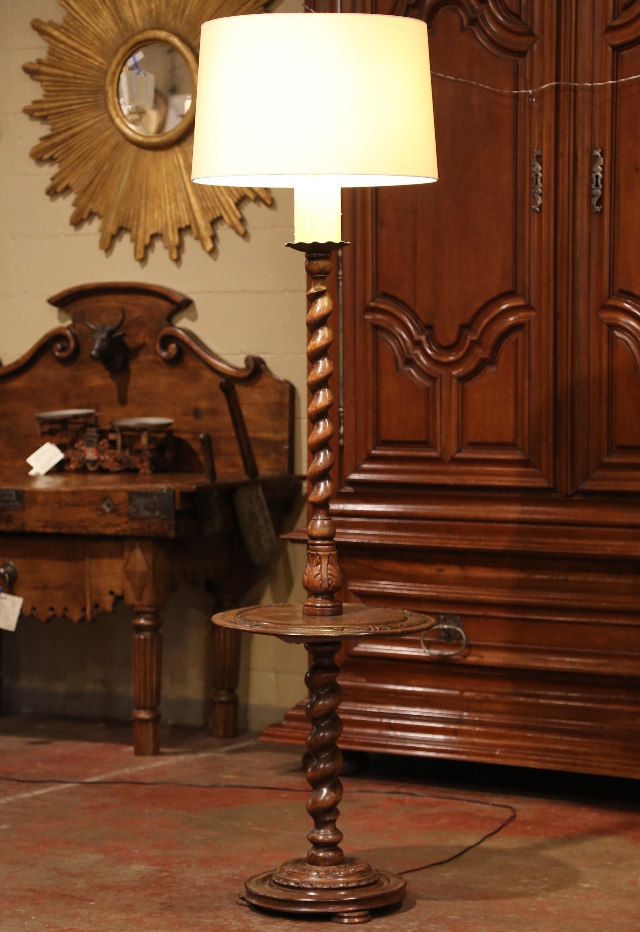 Patinated Early 20th Century French Carved and Barley Twist Floor Lamp with Attached Table