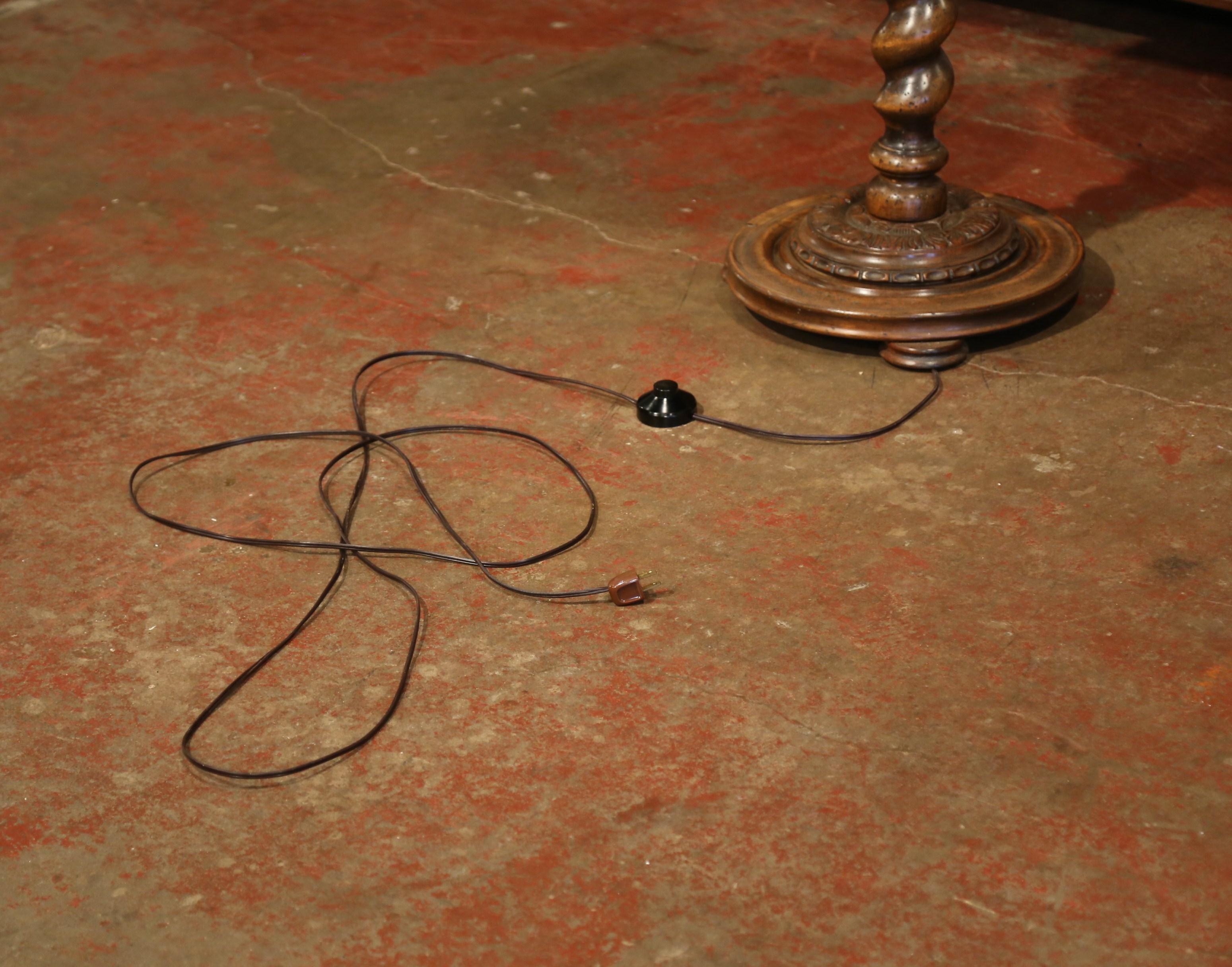 Walnut Early 20th Century French Carved and Barley Twist Floor Lamp with Attached Table