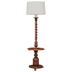 Early 20th Century French Carved and Barley Twist Floor Lamp with Attached Table