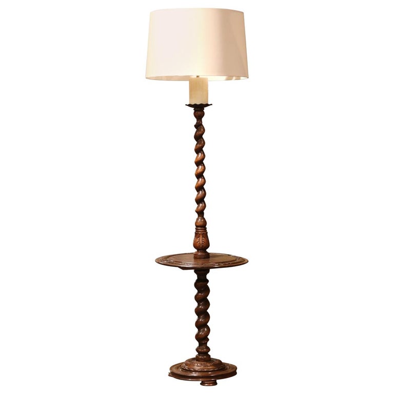 Early 20th Century French Carved and Barley Twist Floor Lamp with Attached  Table at 1stDibs