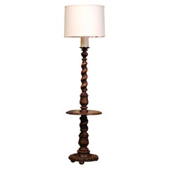 Antique Early 20th Century French Carved and Barley Twist Floor Lamp with Attached Table