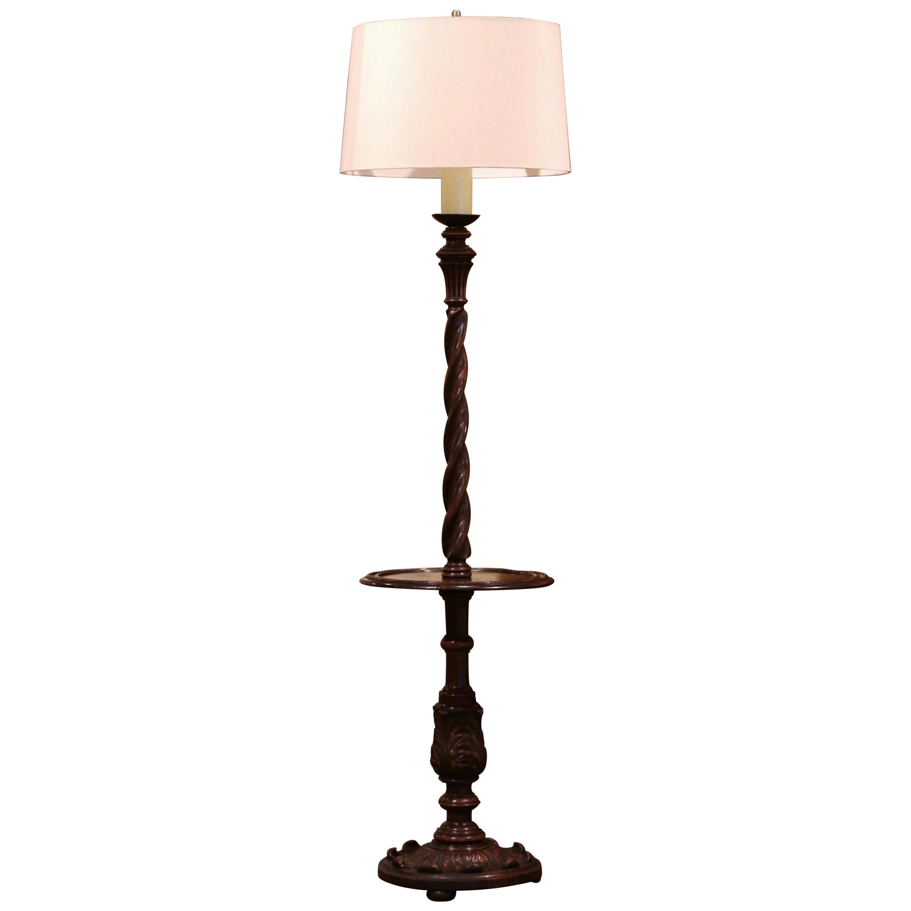 Early 20th Century French Carved and Barley Twist Floor Lamp with Attached Table
