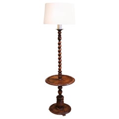 Antique Early 20th Century French Carved and Barley Twist Floor Lamp with Attached Table