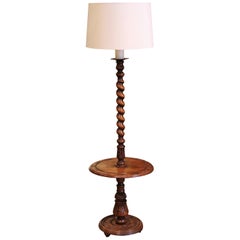 Early 20th Century French Carved and Barley Twist Floor Lamp with Attached Table