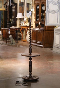Early 20th Century French Carved Barley Twist Floor Lamp with Attached Table