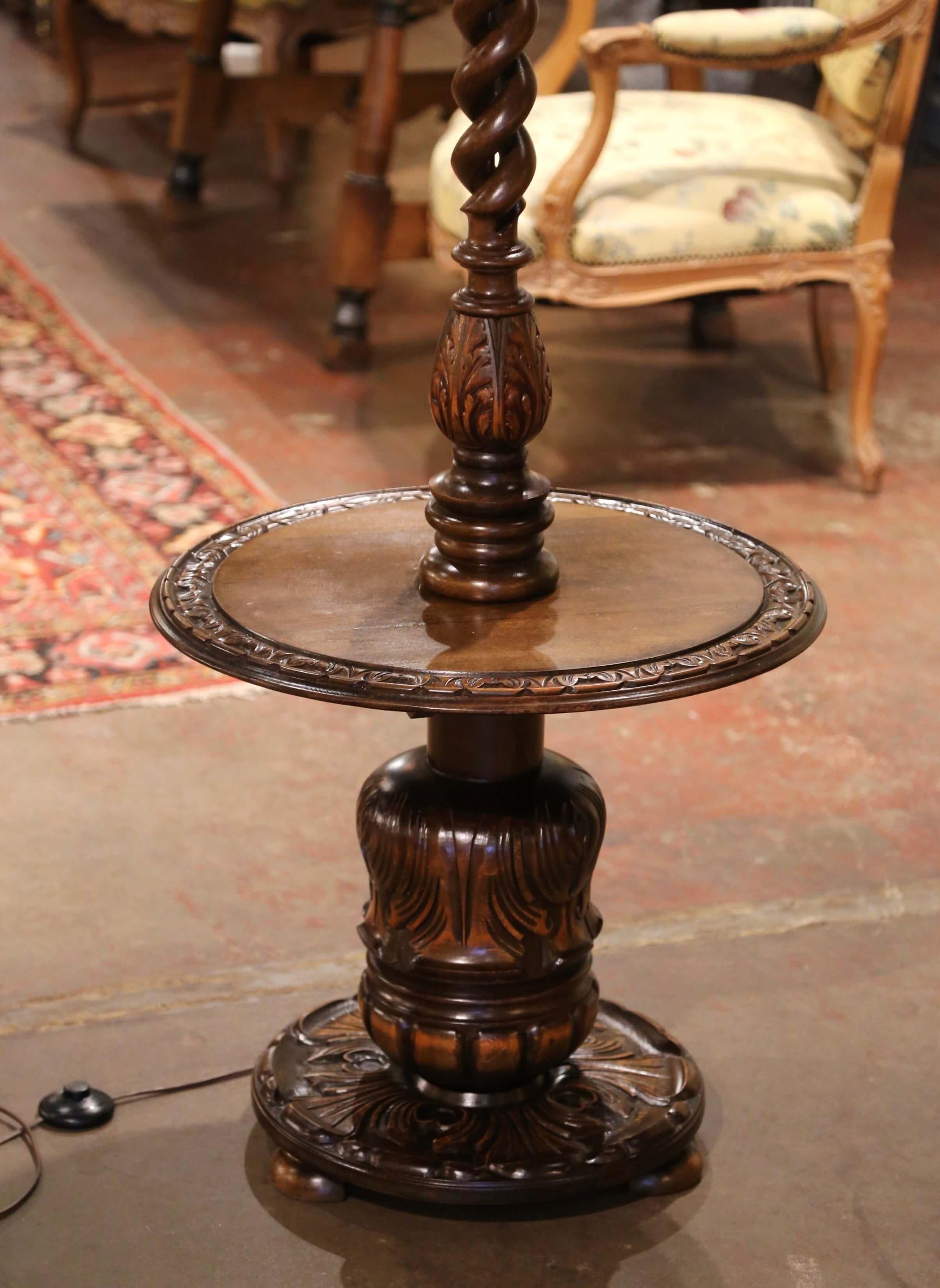 Louis XIII Early 20th Century French Carved Barley Twist Floor Lamp with Attached Table