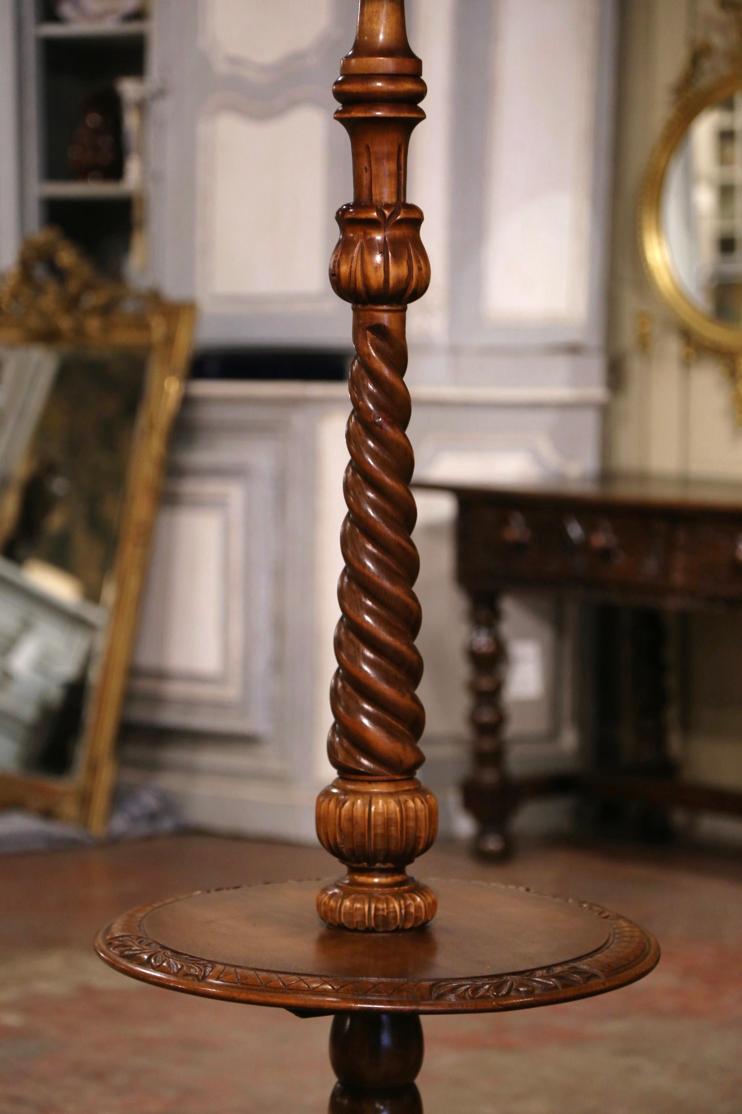 Hand-Carved Early 20th Century French Carved Barley Twist Floor Lamp with Attached Table