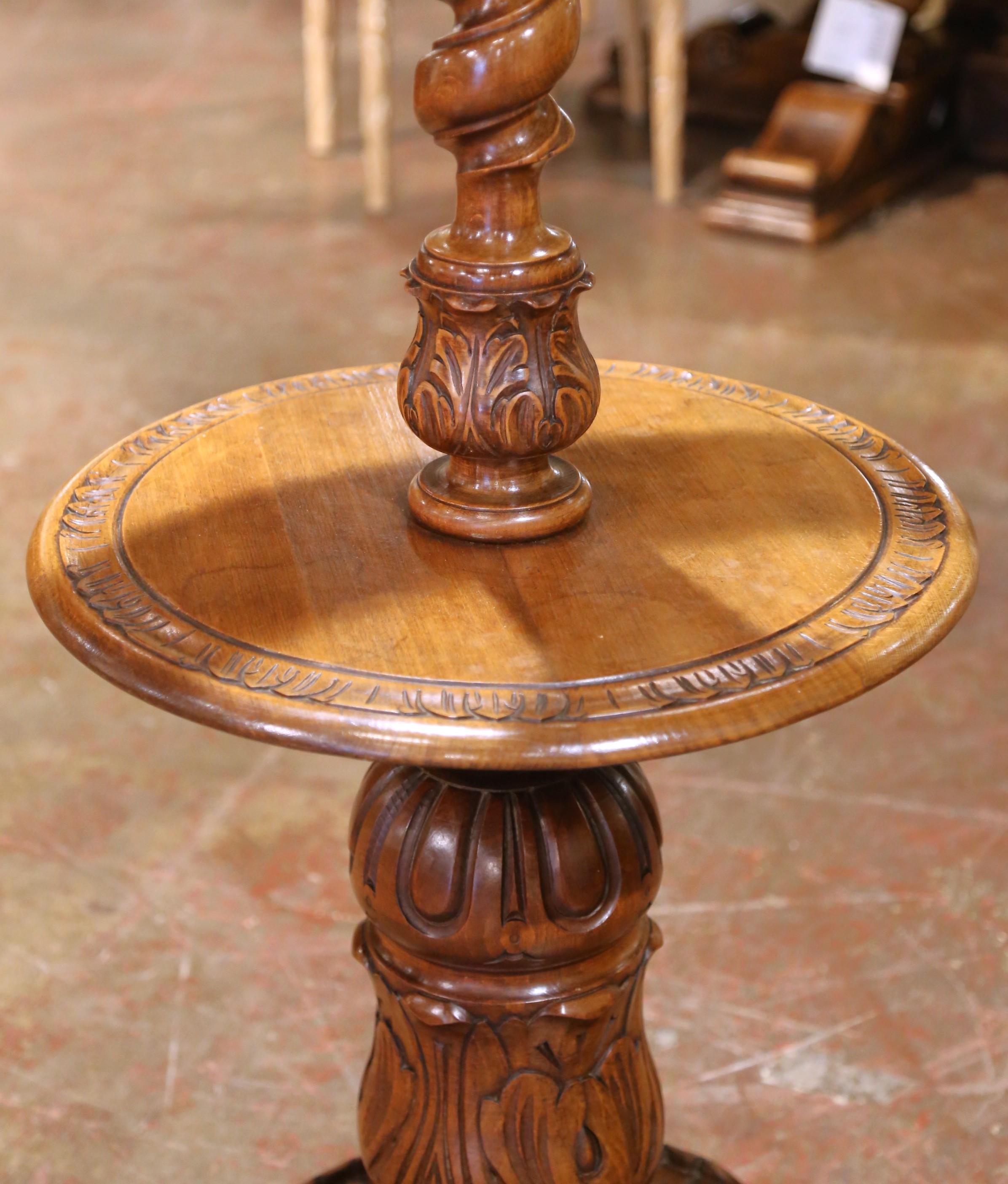Hand-Carved Early 20th Century French Carved Barley Twist Floor Lamp with Attached Table For Sale