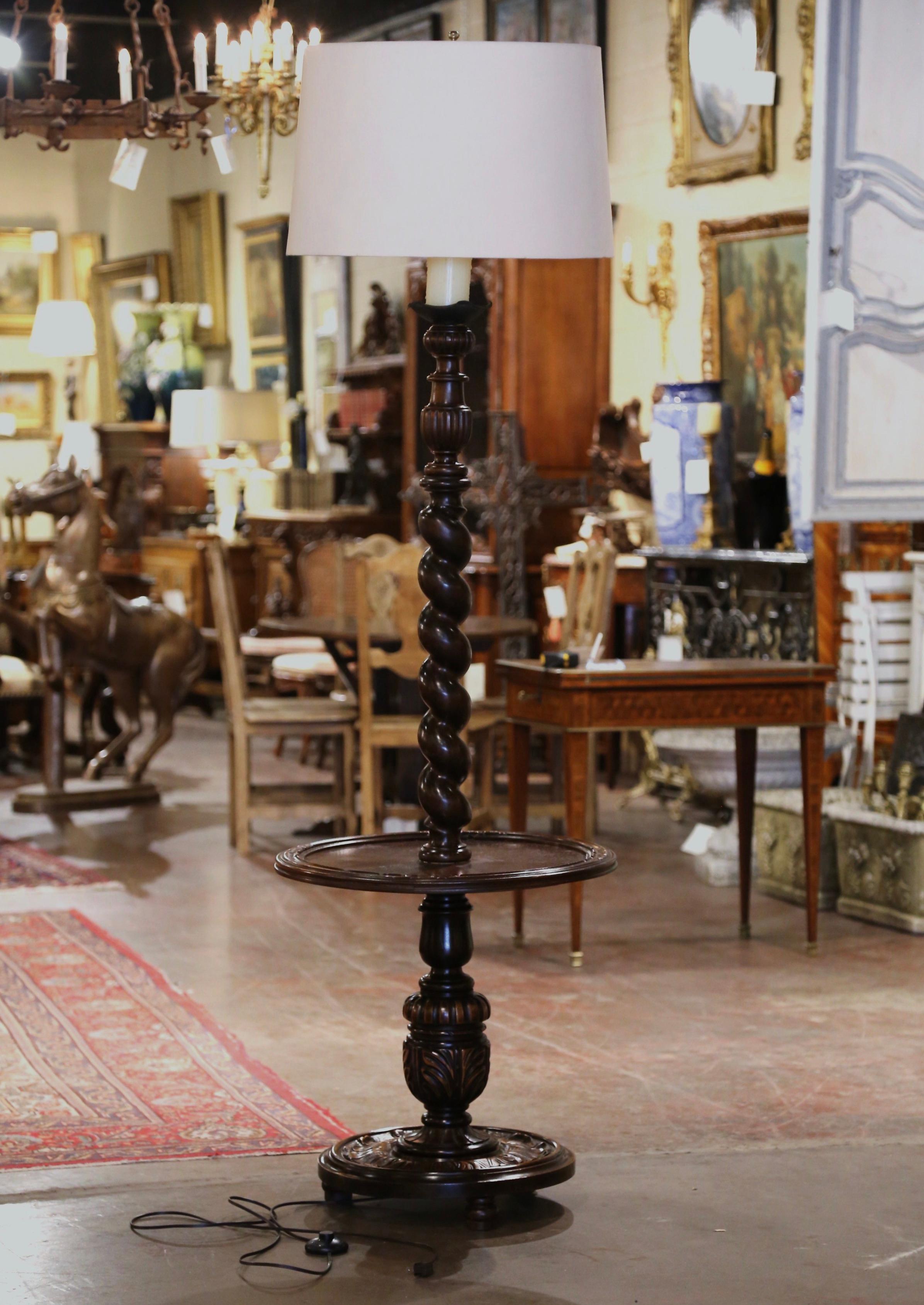 Hand-Carved Early 20th Century French Carved Barley Twist Floor Lamp with Attached Table