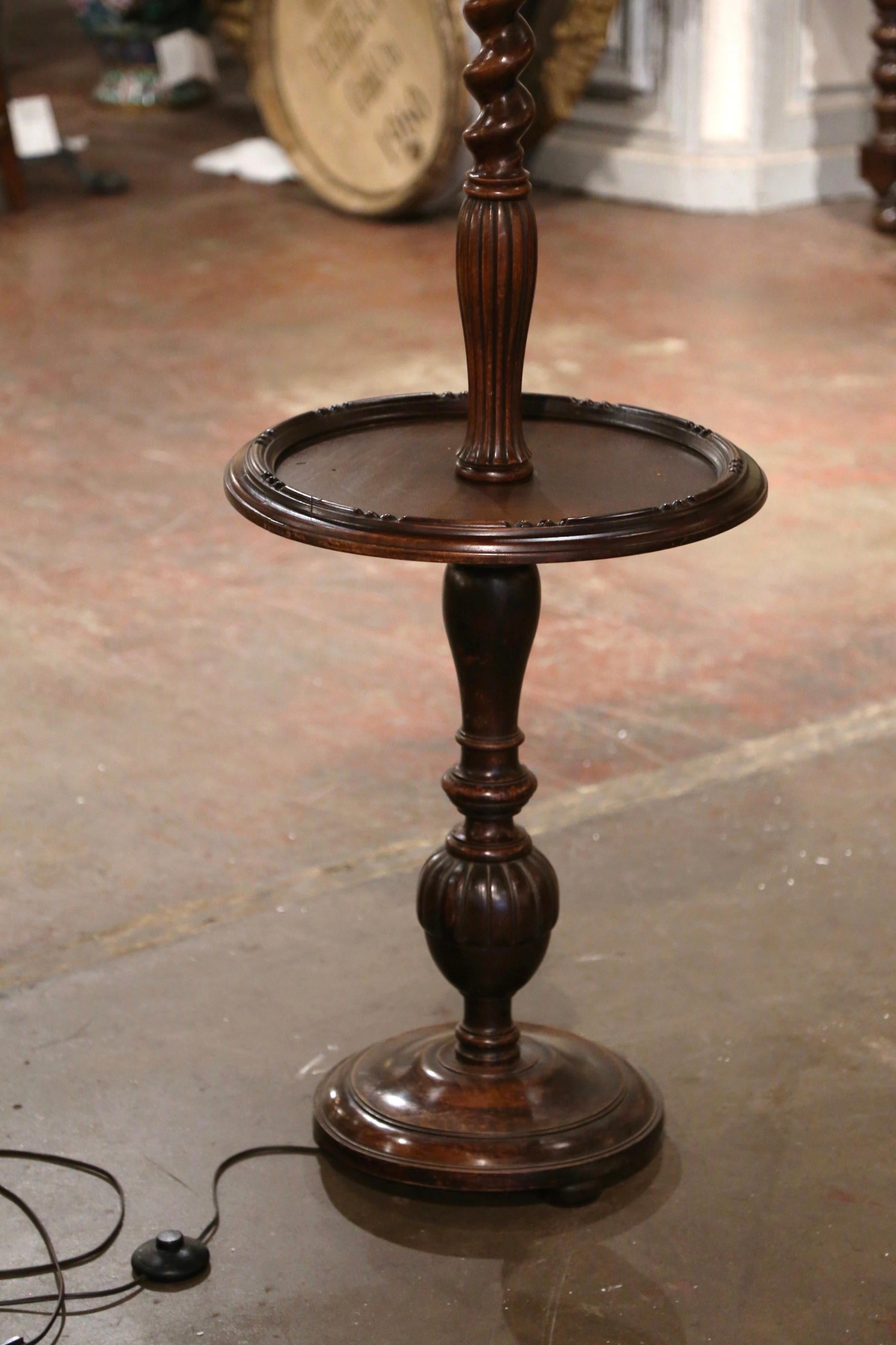 Hand-Carved Early 20th Century French Carved Barley Twist Floor Lamp with Attached Table For Sale