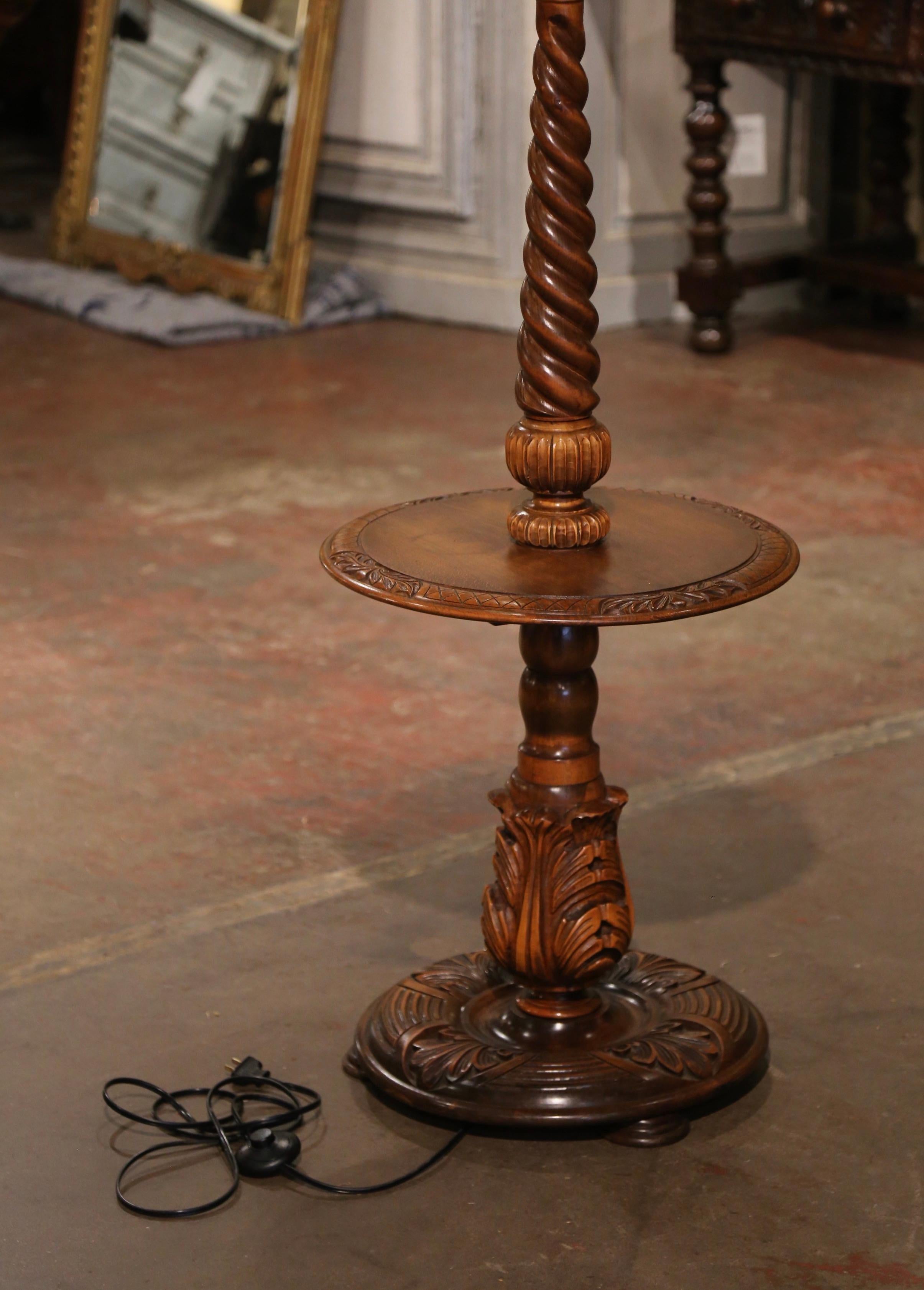Early 20th Century French Carved Barley Twist Floor Lamp with Attached Table In Excellent Condition For Sale In Dallas, TX