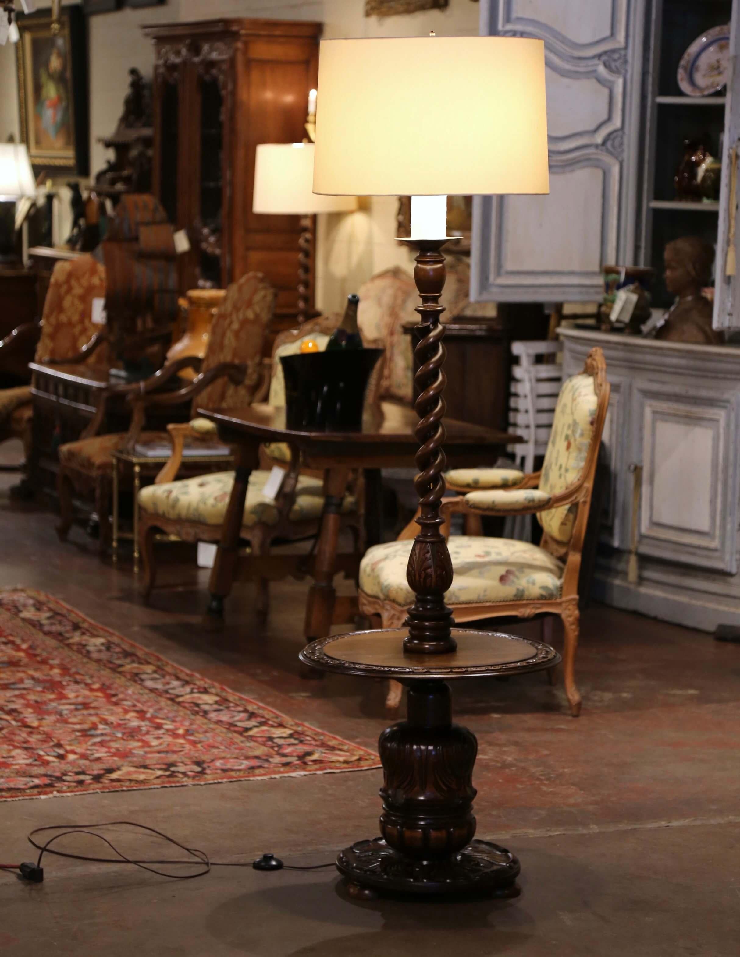 Early 20th Century French Carved Barley Twist Floor Lamp with Attached Table In Excellent Condition In Dallas, TX