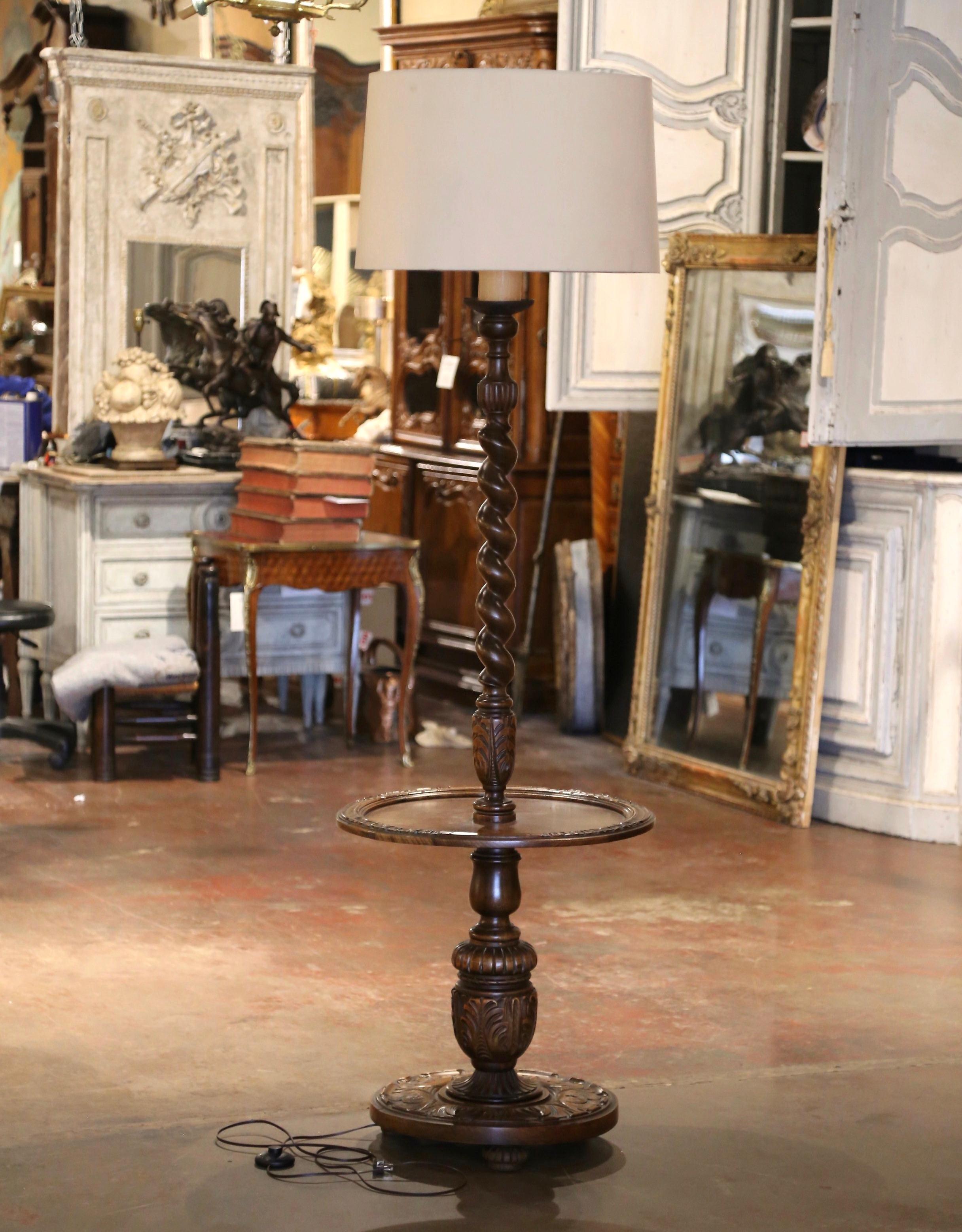 Early 20th Century French Carved Barley Twist Floor Lamp with Attached Table In Excellent Condition In Dallas, TX