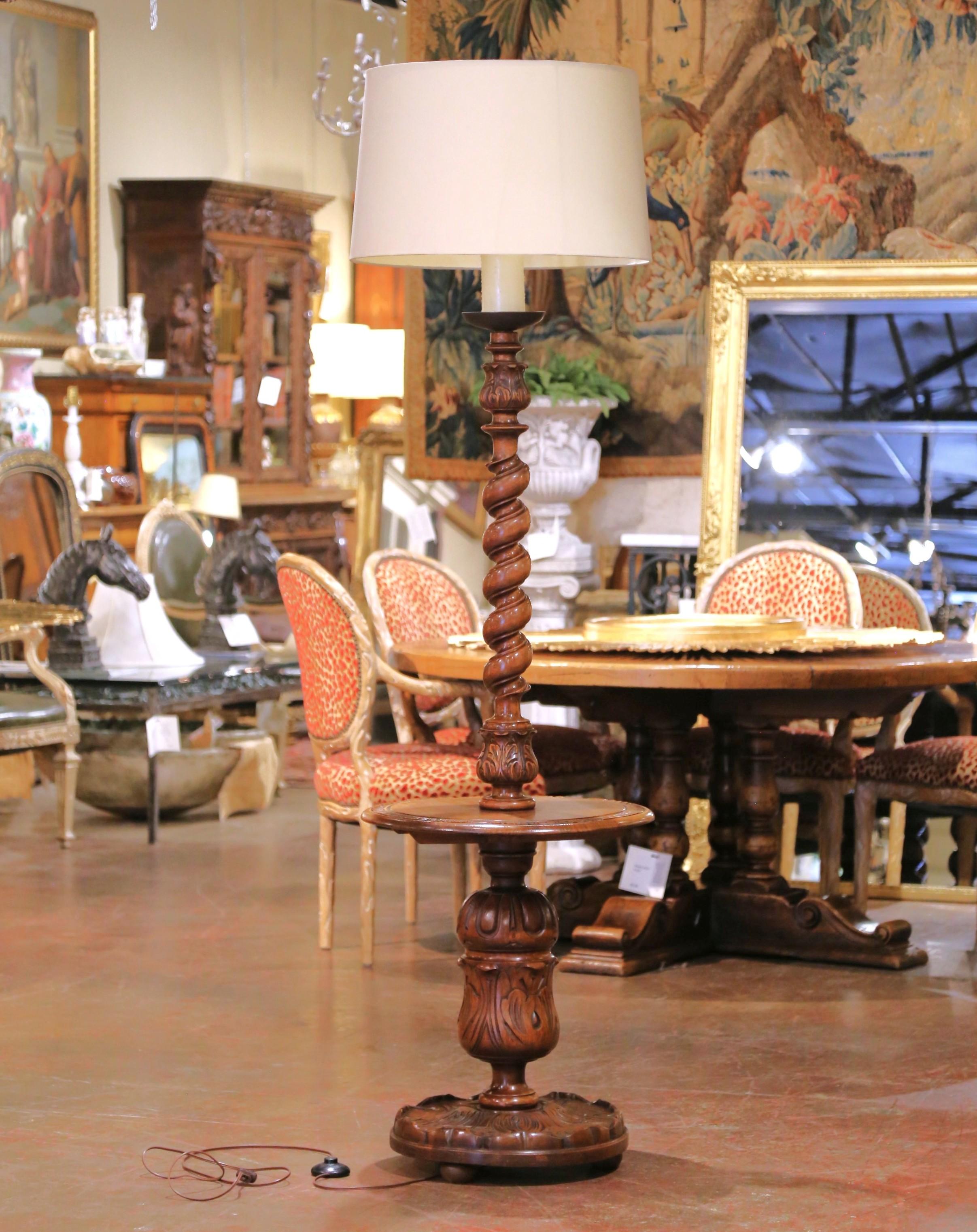 Beech Early 20th Century French Carved Barley Twist Floor Lamp with Attached Table For Sale
