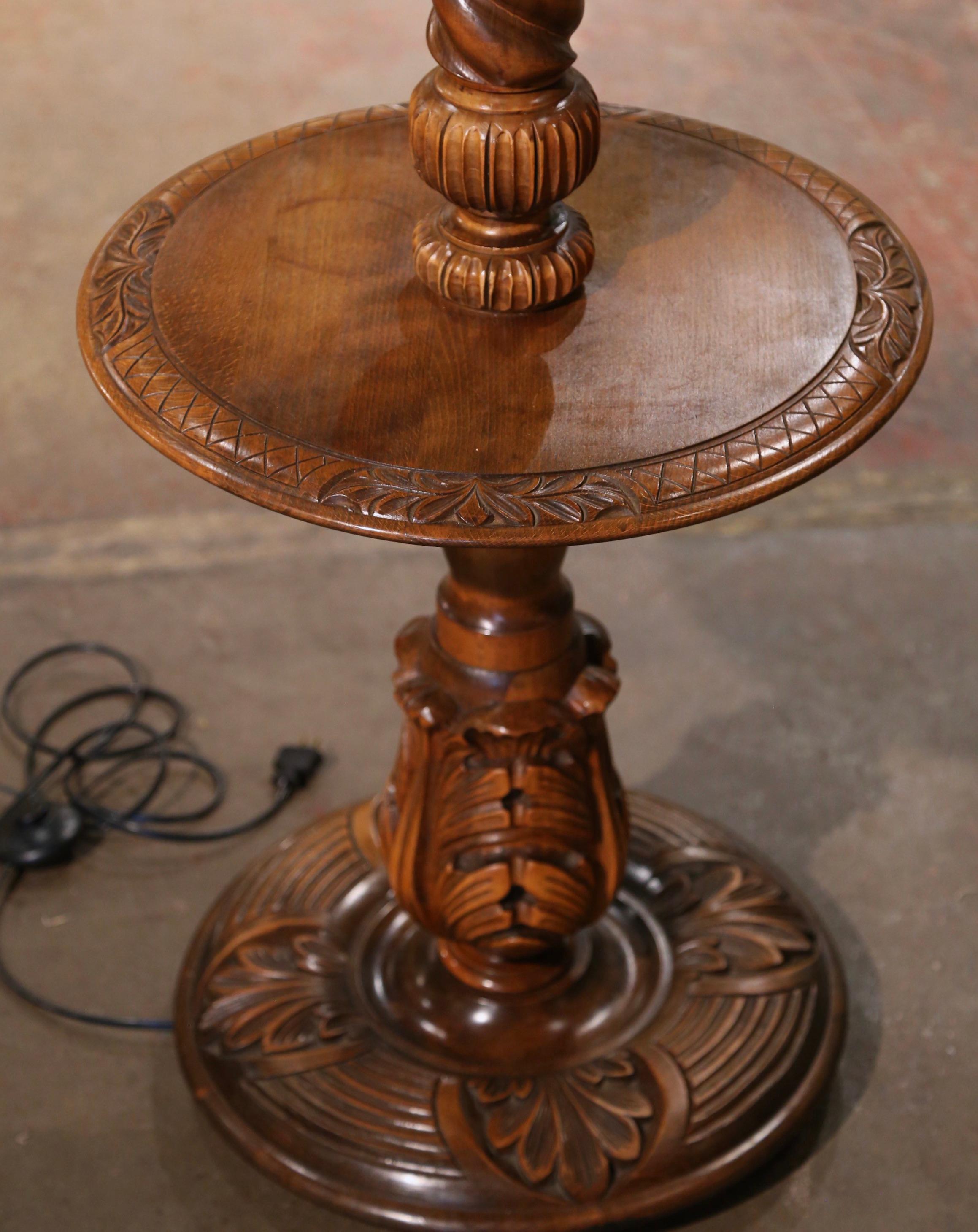 Early 20th Century French Carved Barley Twist Floor Lamp with Attached Table For Sale 1