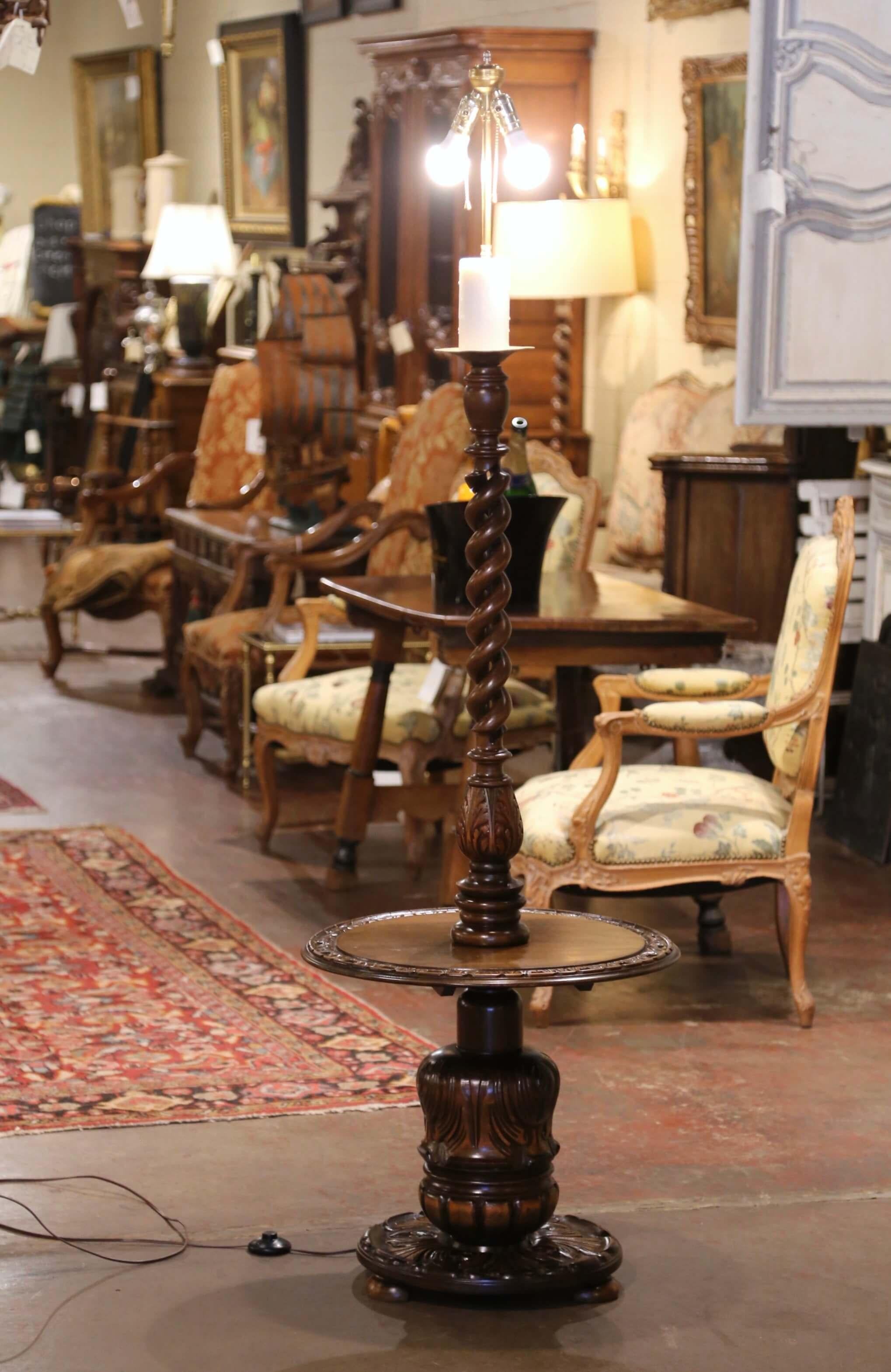 Early 20th Century French Carved Barley Twist Floor Lamp with Attached Table 1
