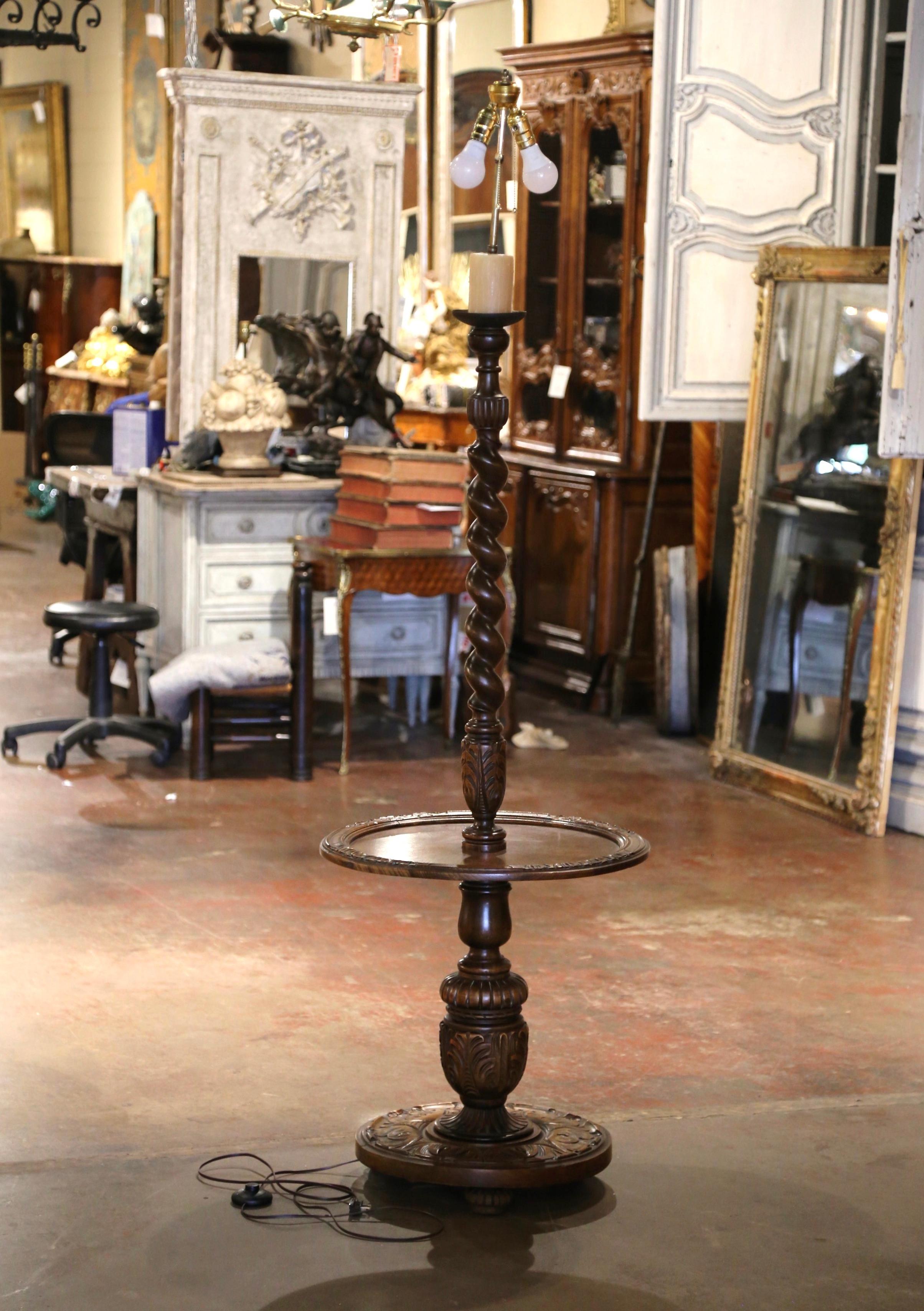 Early 20th Century French Carved Barley Twist Floor Lamp with Attached Table 1