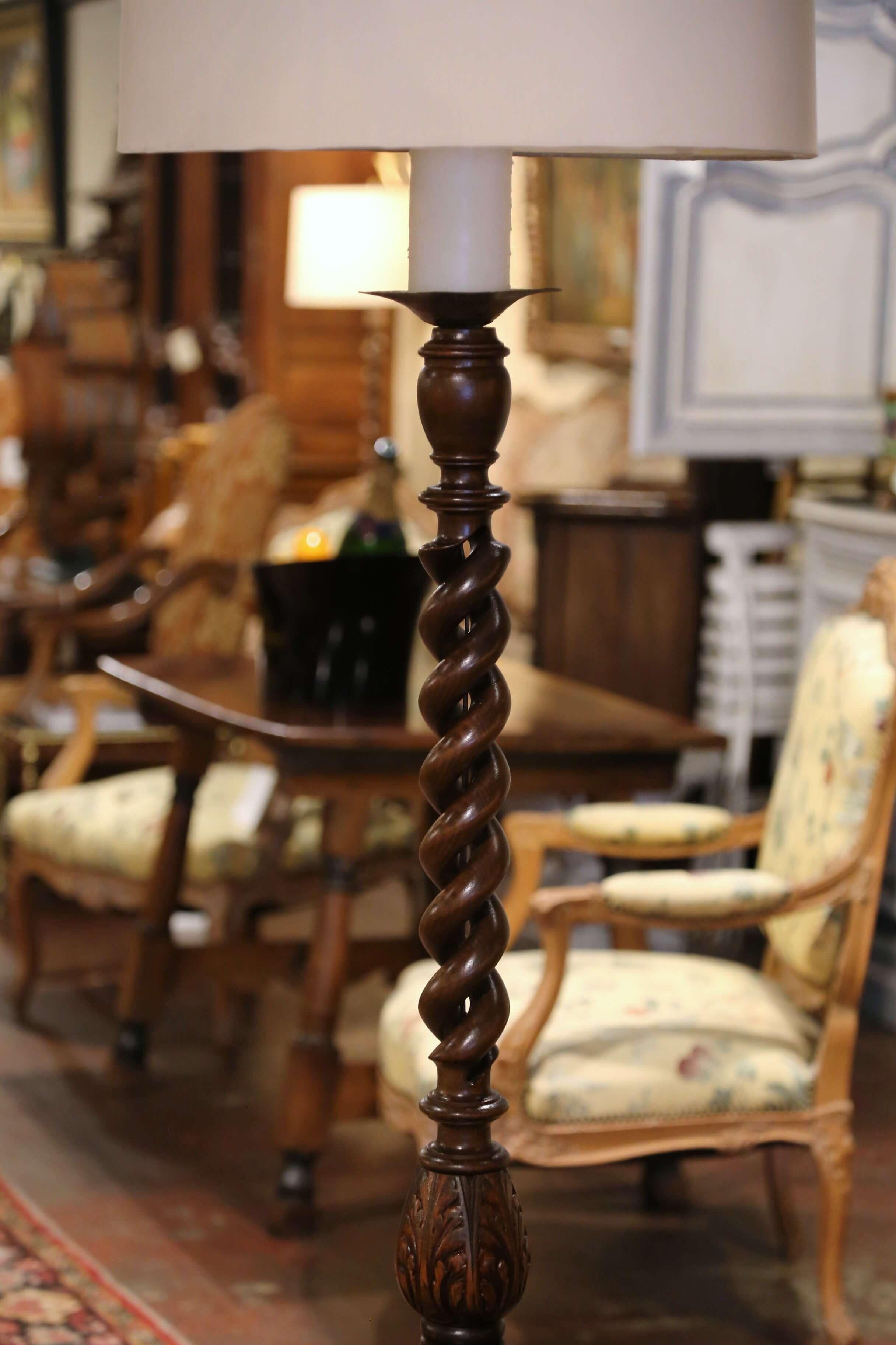 Early 20th Century French Carved Barley Twist Floor Lamp with Attached Table 2