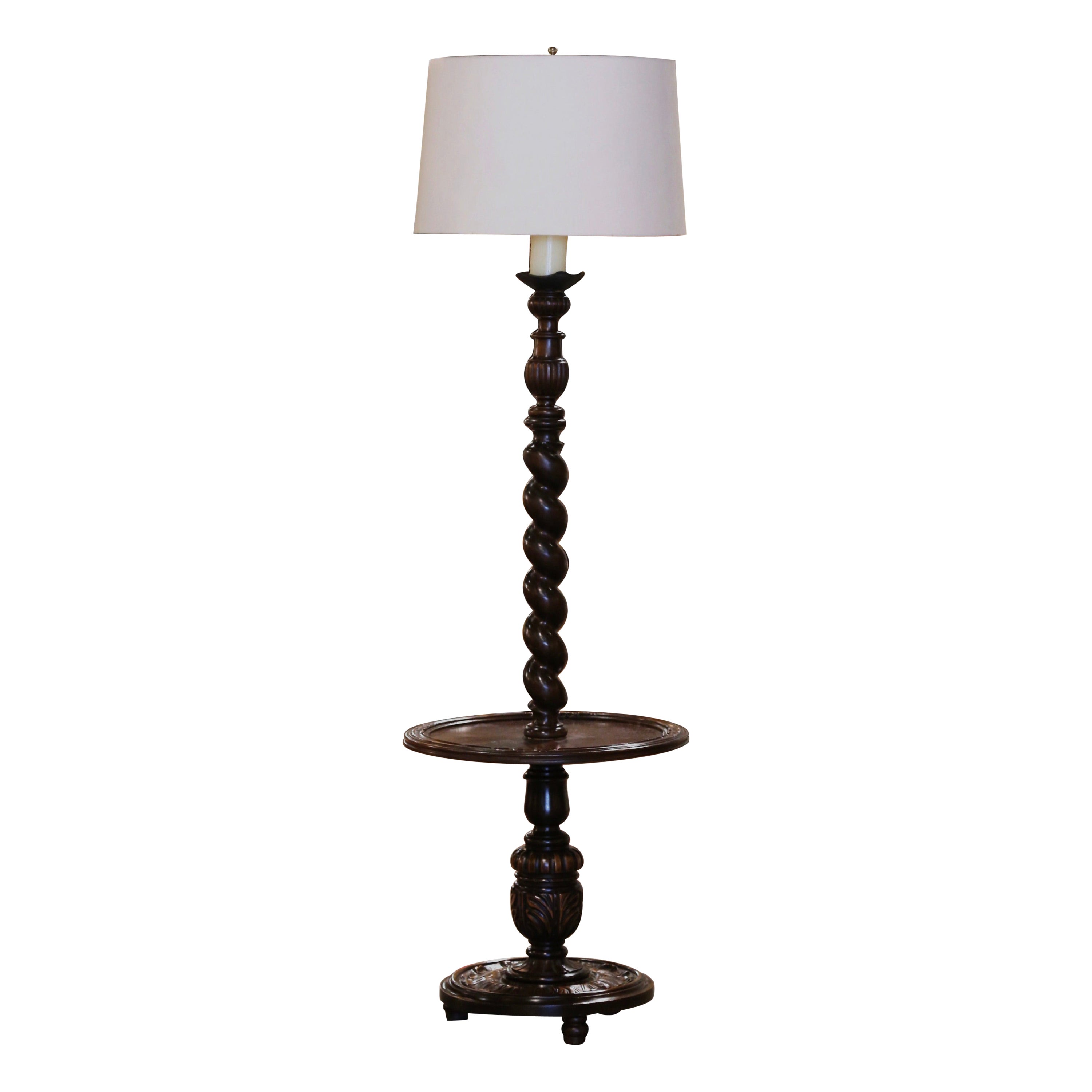 Early 20th Century French Carved Barley Twist Floor Lamp with Attached Table