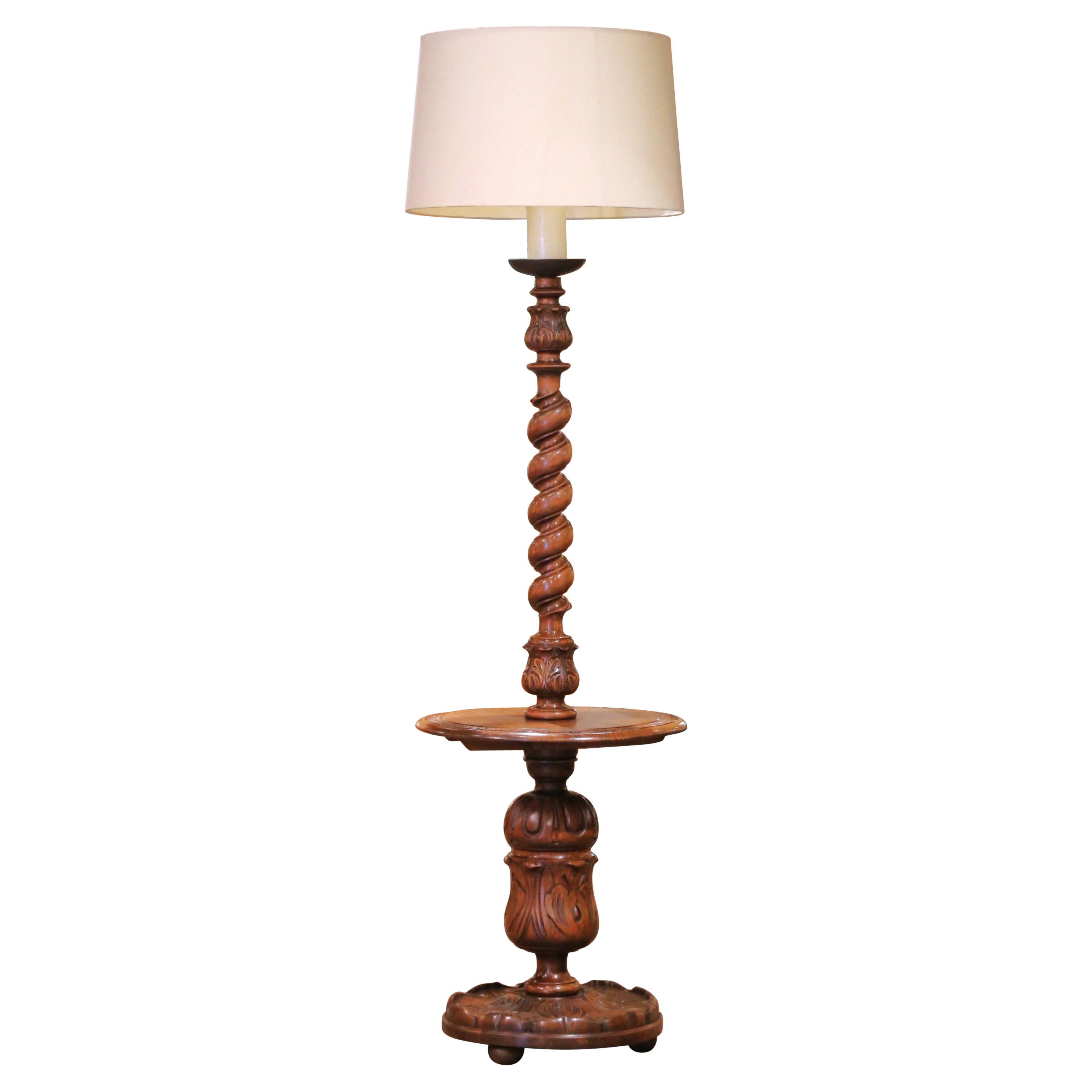 Early 20th Century French Carved Barley Twist Floor Lamp with Attached Table For Sale