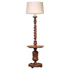 Early 20th Century French Carved Barley Twist Floor Lamp with Attached Table
