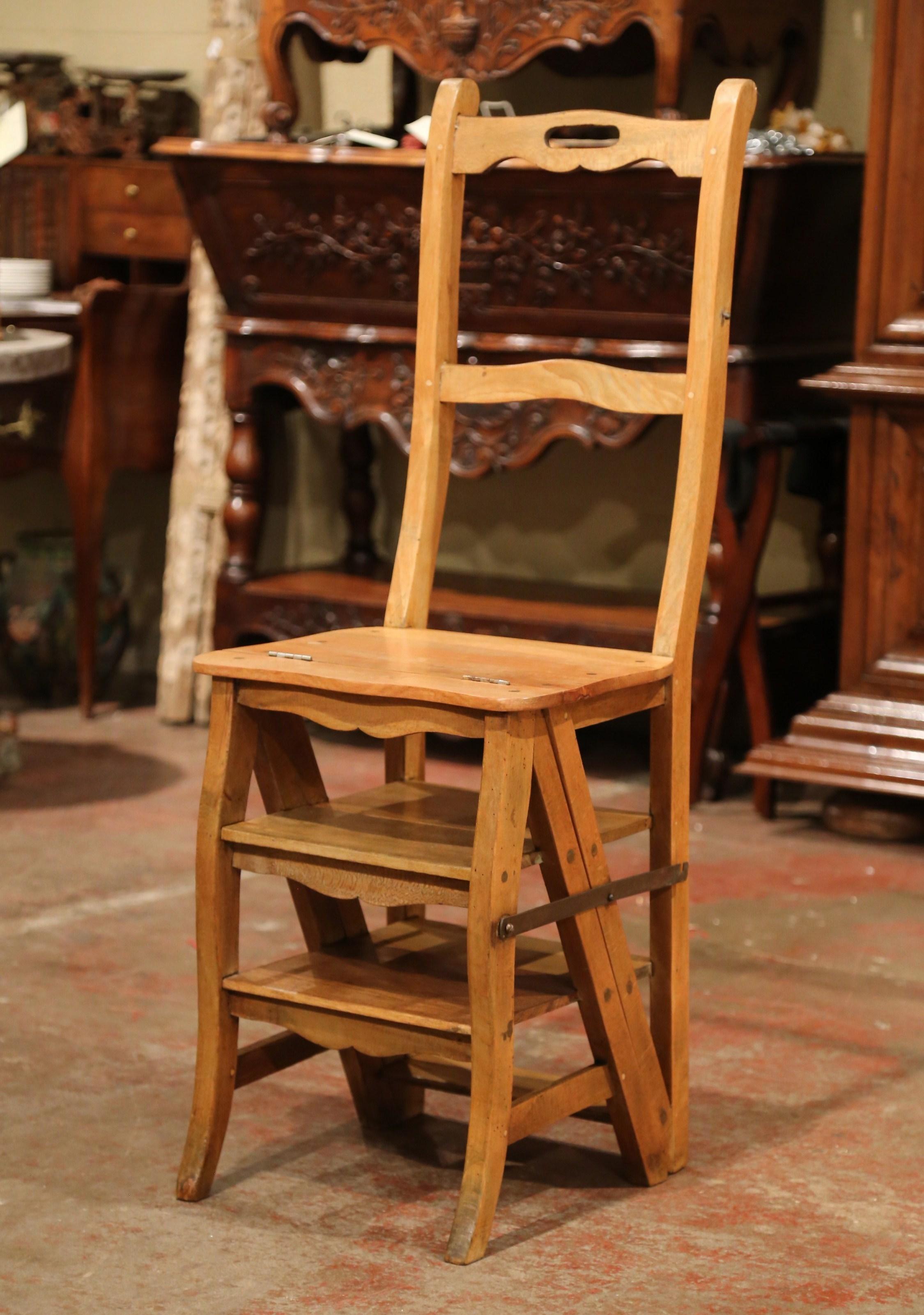 Decorate a library or study with this artisan-made folding step ladder chair. Crafted in Southern France circa 1900, the metamorphic chair has two carved ladders in the back and is hinged so that it can convert into a ladder with six stairs for a