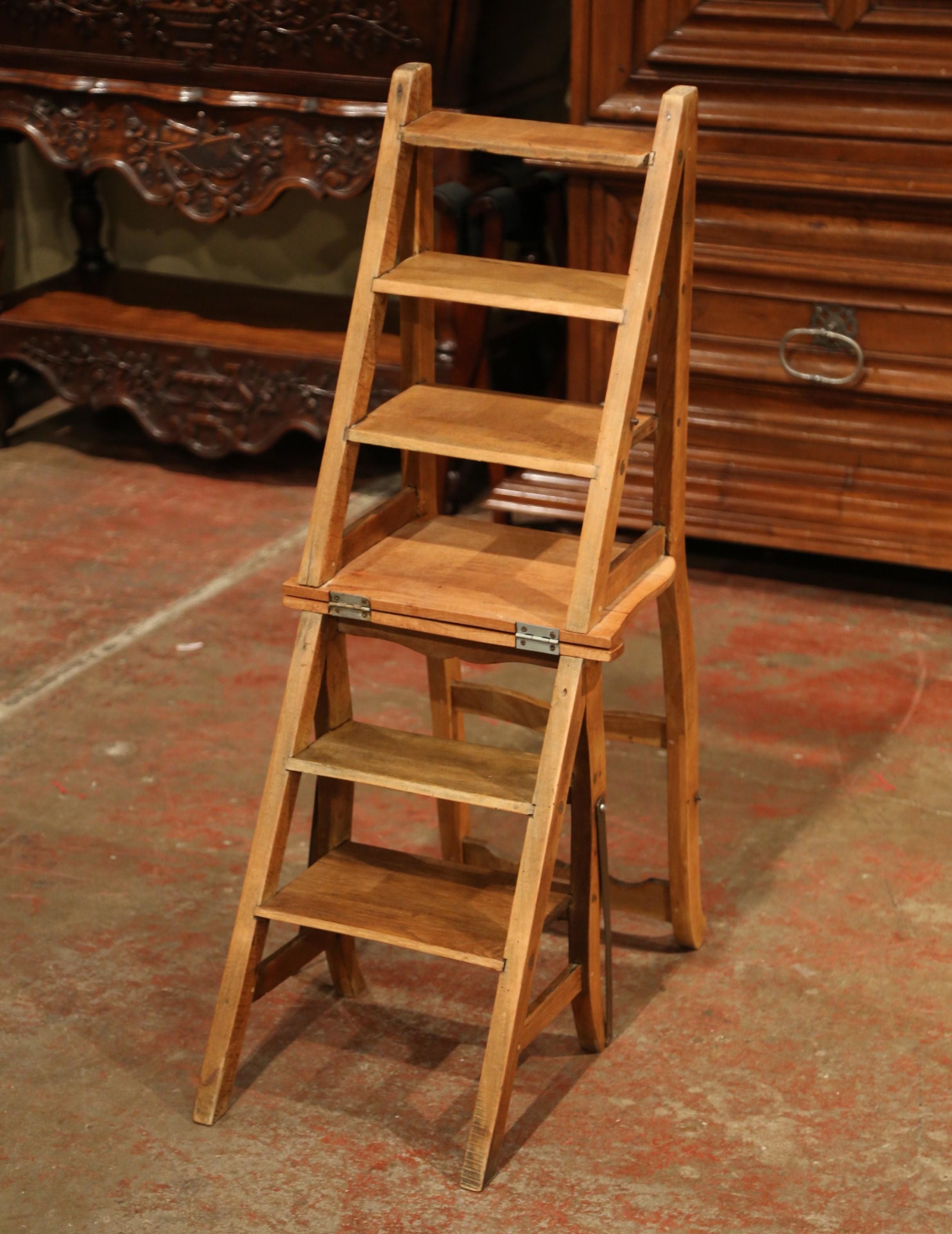 Country Early 20th Century French Carved Beech Folding Ladder Chair from Provence