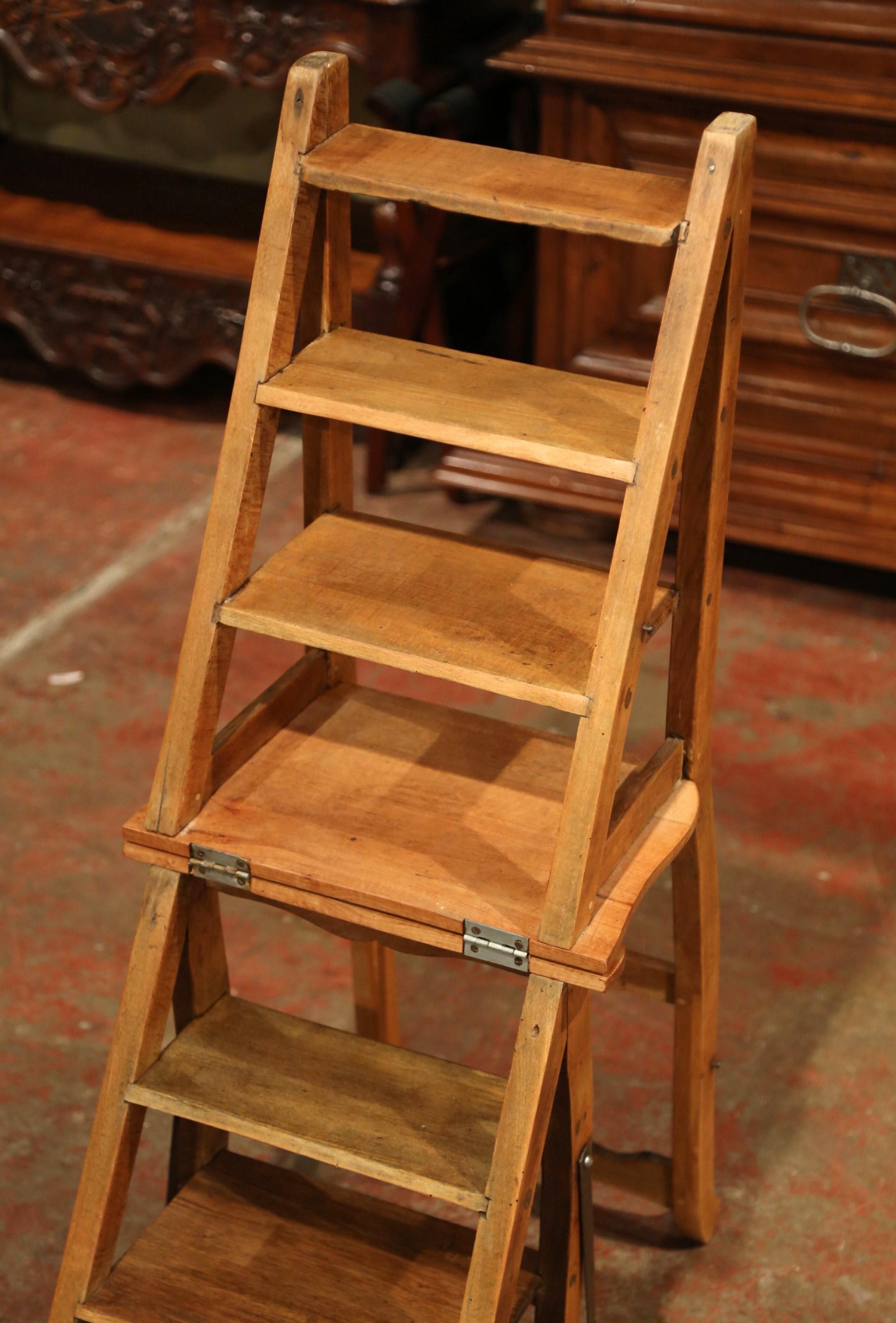 Patinated Early 20th Century French Carved Beech Folding Ladder Chair from Provence