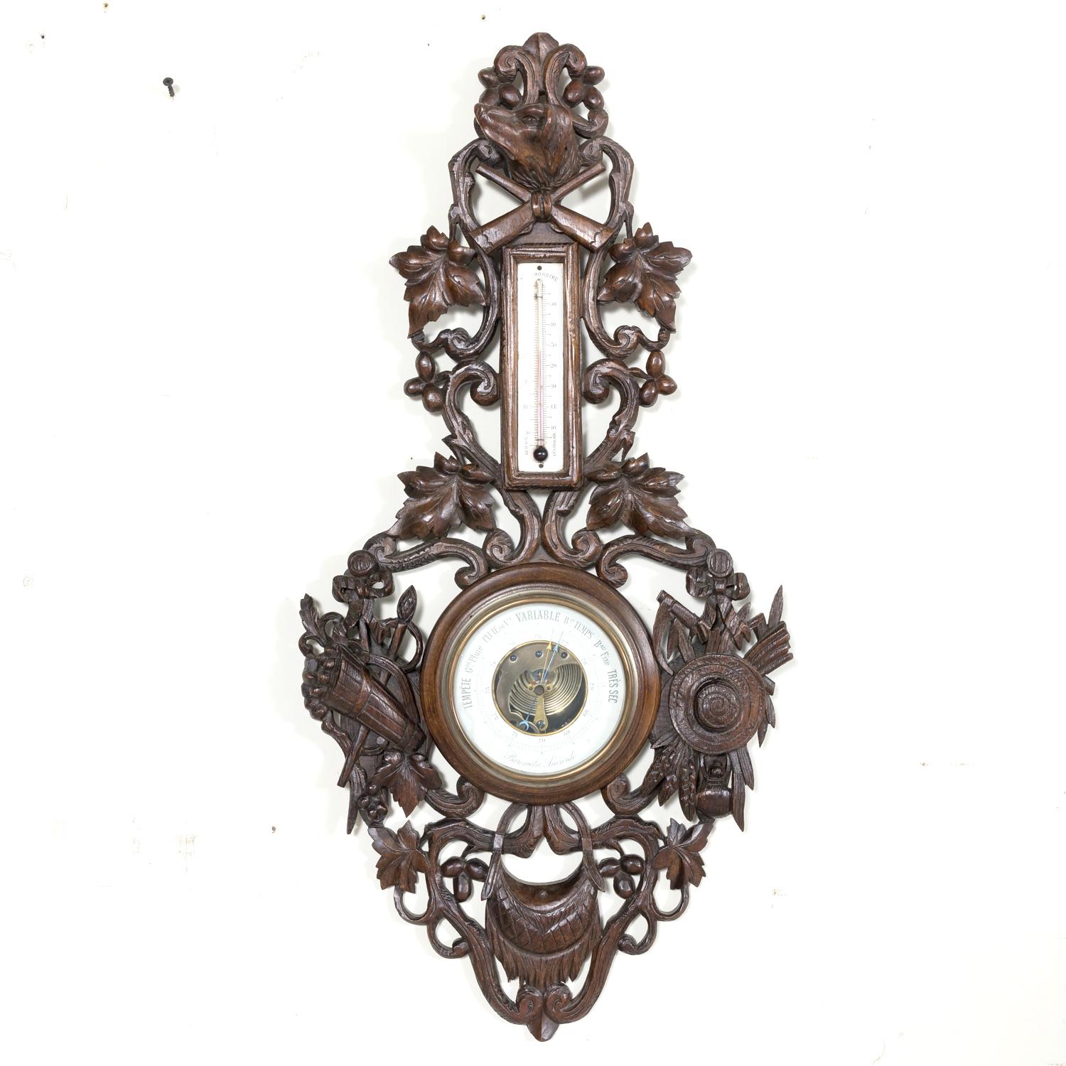 Early 20th Century French Carved Black Forest Hunting Barometer and Thermometer For Sale 6