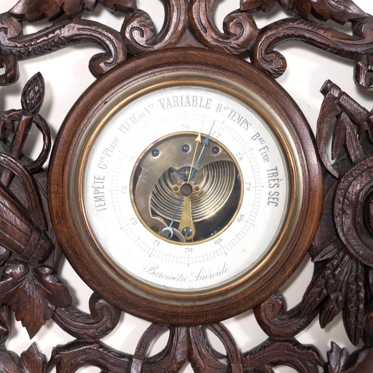 Early 20th Century French Carved Black Forest Hunting Barometer and Thermometer In Good Condition For Sale In Birmingham, AL