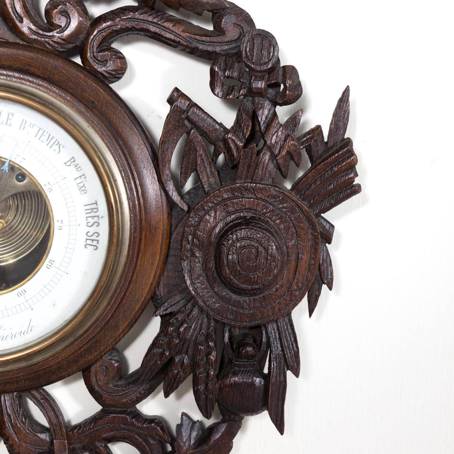 Walnut Early 20th Century French Carved Black Forest Hunting Barometer and Thermometer For Sale