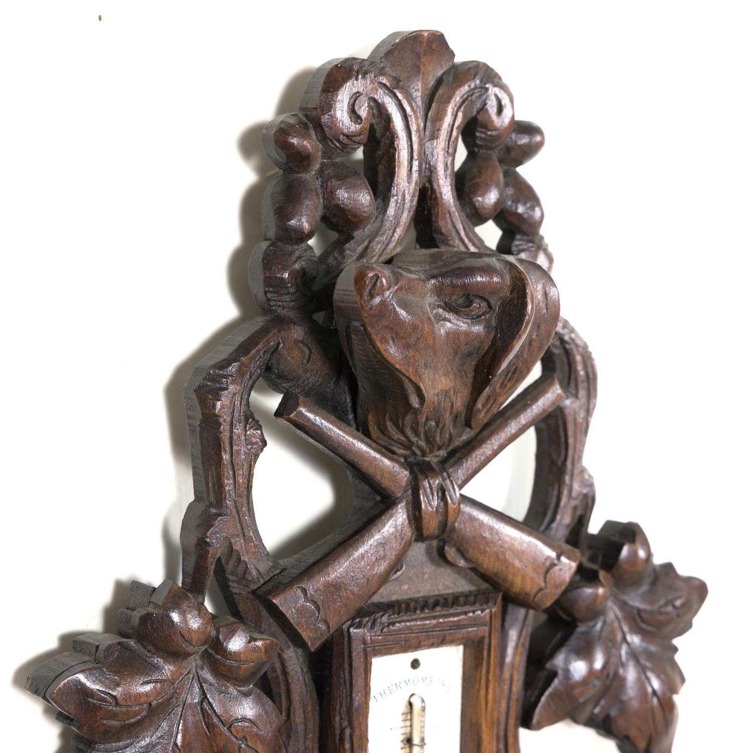 Early 20th Century French Carved Black Forest Hunting Barometer and Thermometer For Sale 3