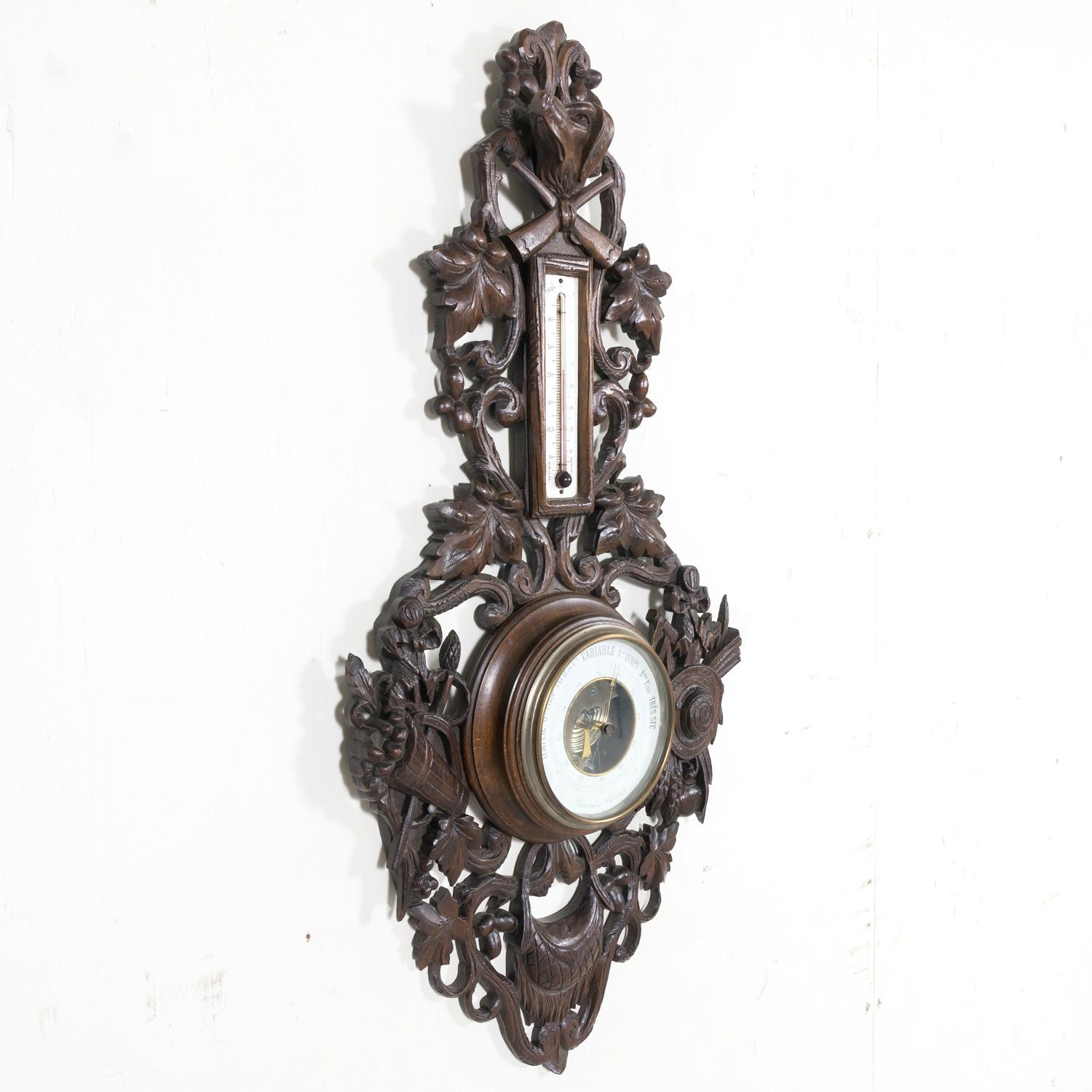 Early 20th Century French Carved Black Forest Hunting Barometer and Thermometer For Sale 4
