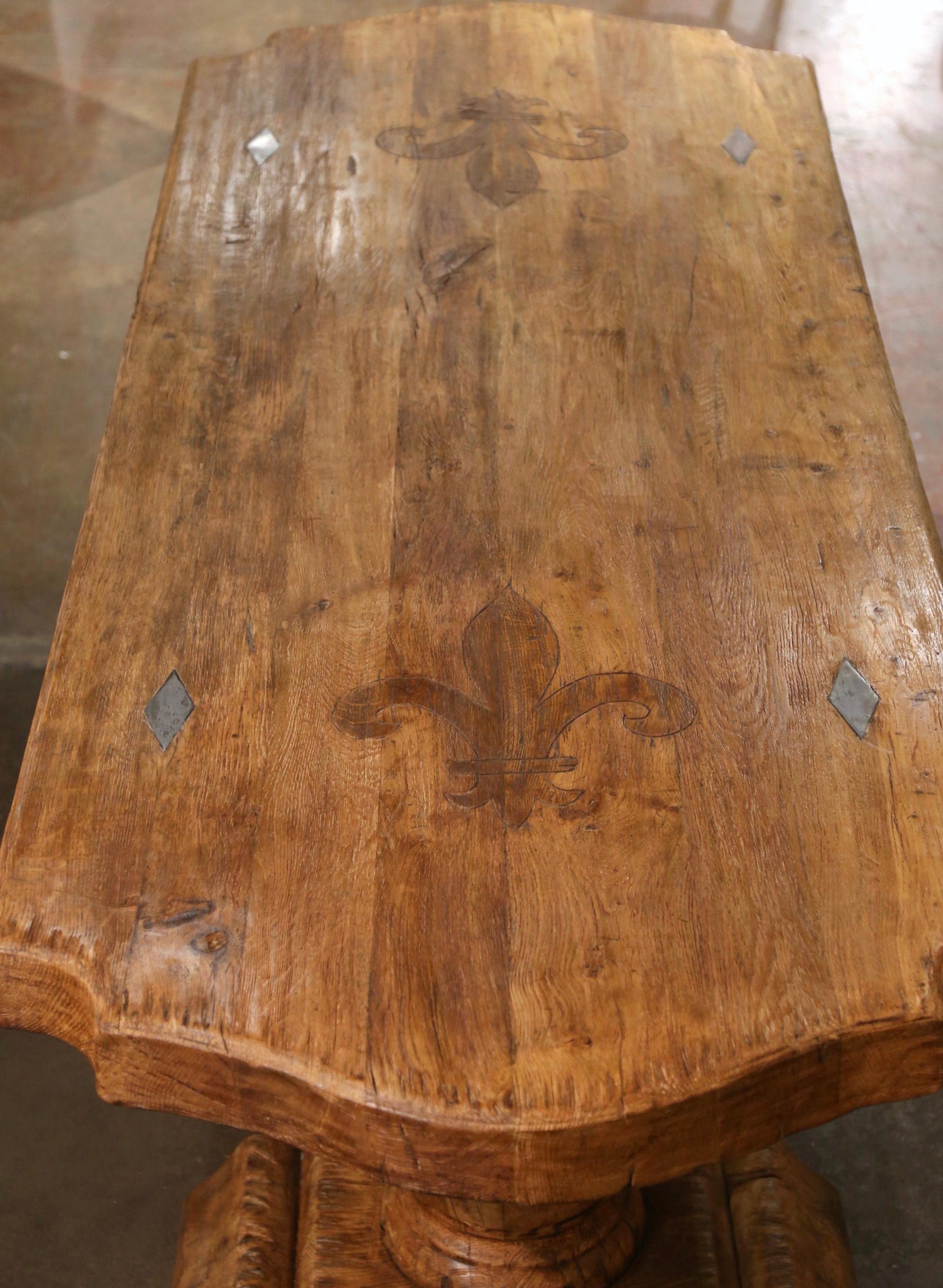 Louis XIII Early 20th Century French Carved Bleached Oak Farm Table with Fleur-de-Lis  For Sale