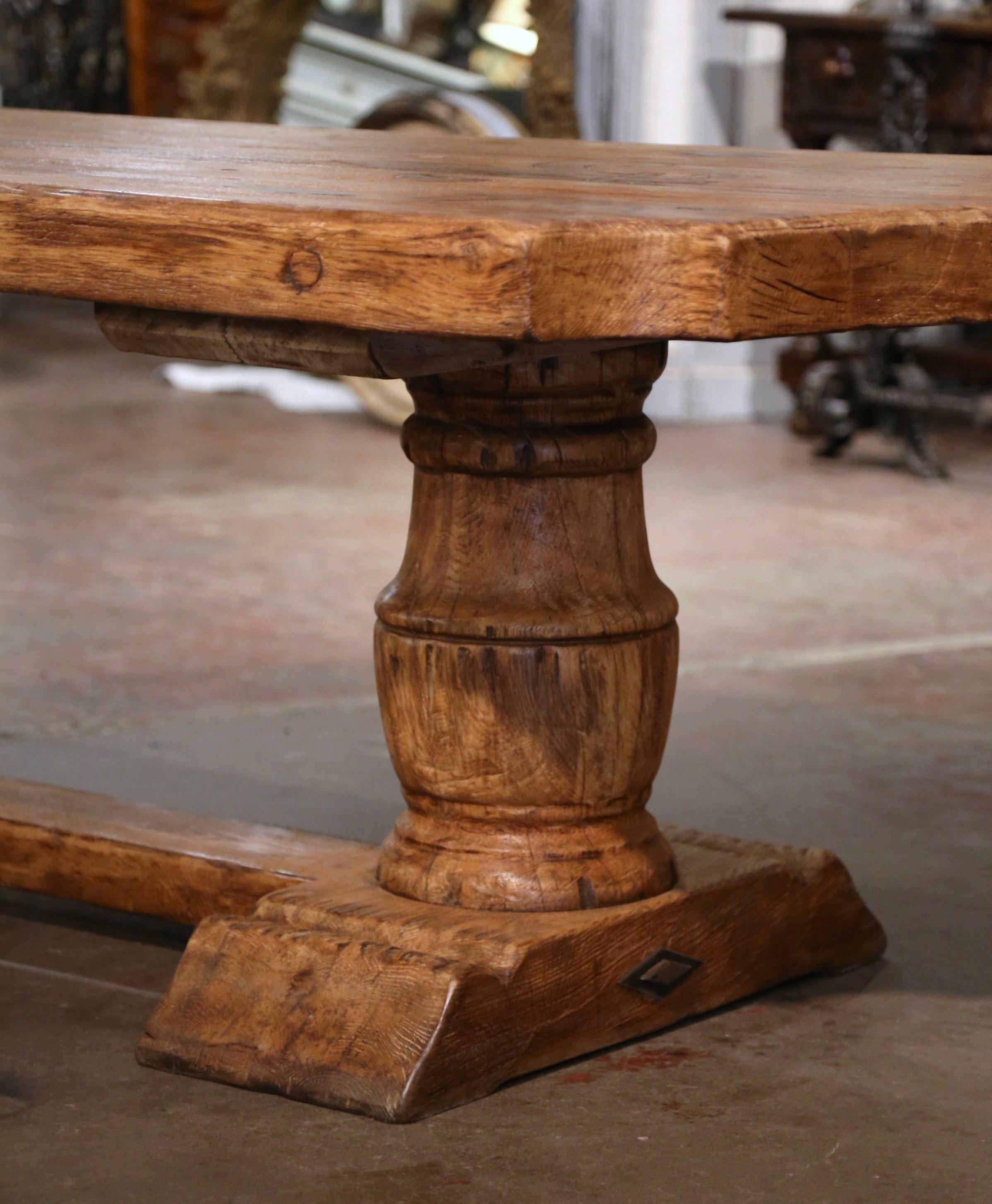 Hand-Carved Early 20th Century French Carved Bleached Oak Farm Table with Fleur-de-Lis  For Sale