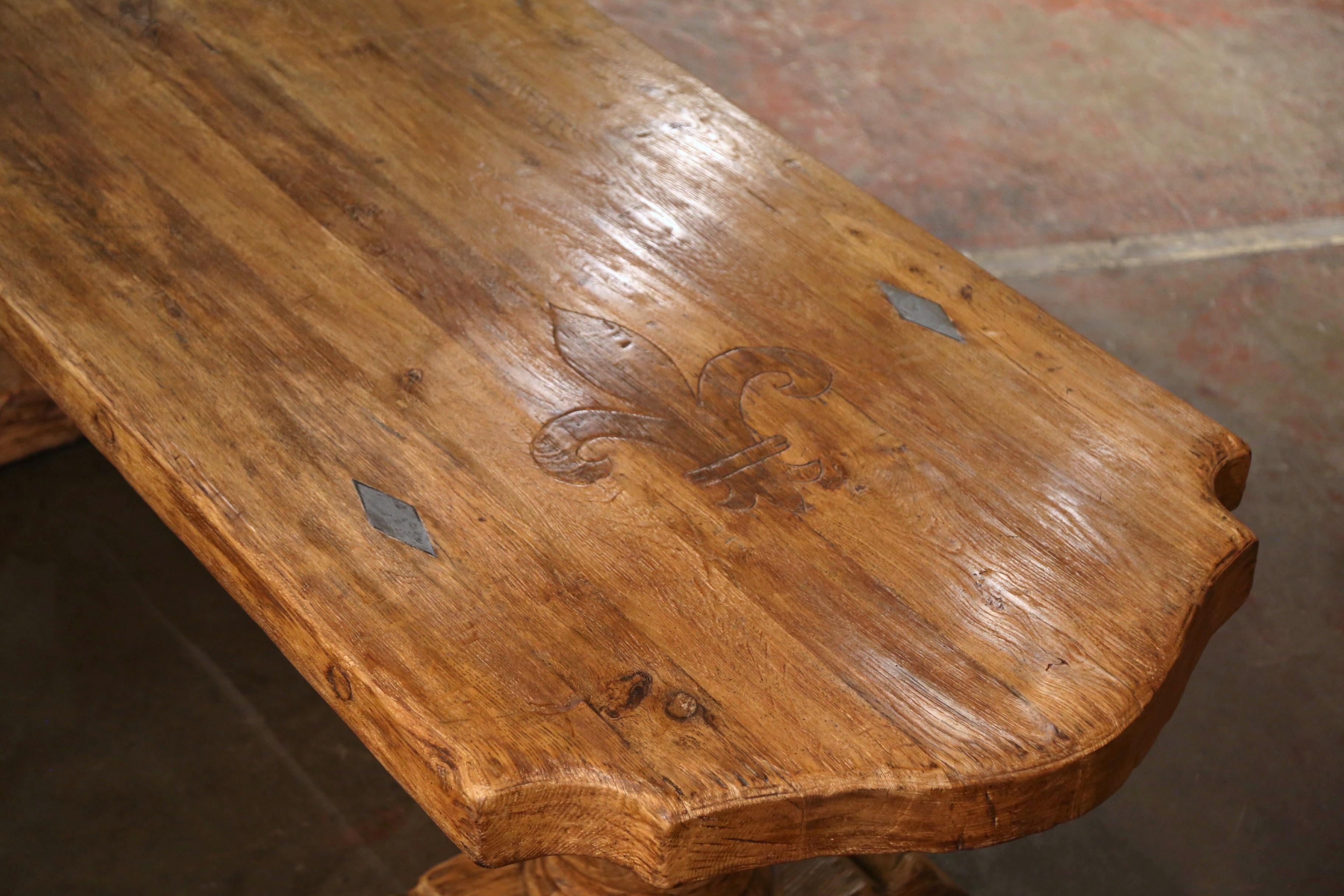 Early 20th Century French Carved Bleached Oak Farm Table with Fleur-de-Lis  For Sale 2