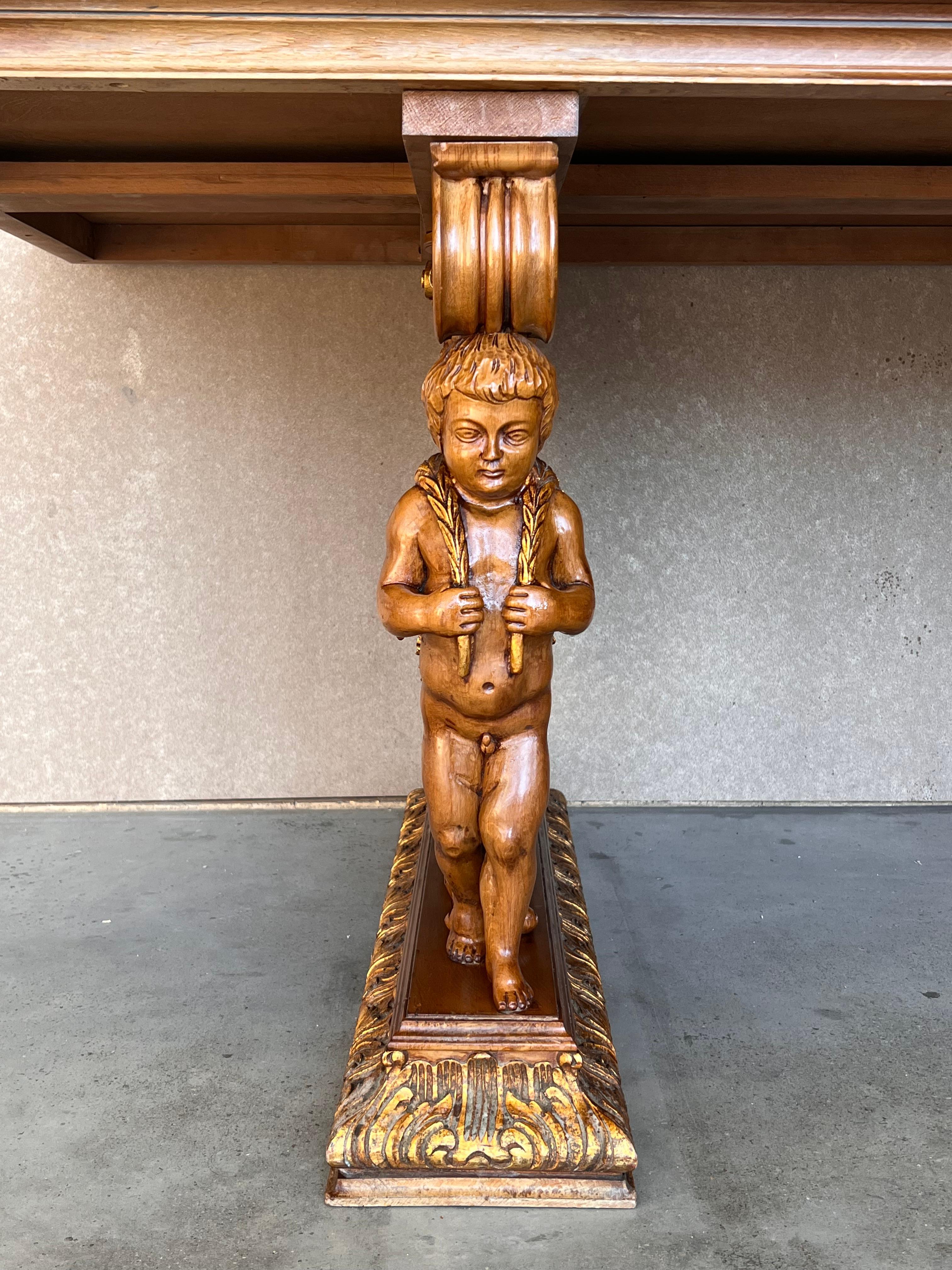 Early 20th Century French Carved Bleached Oak Marquetry Center or Dining Table For Sale 8